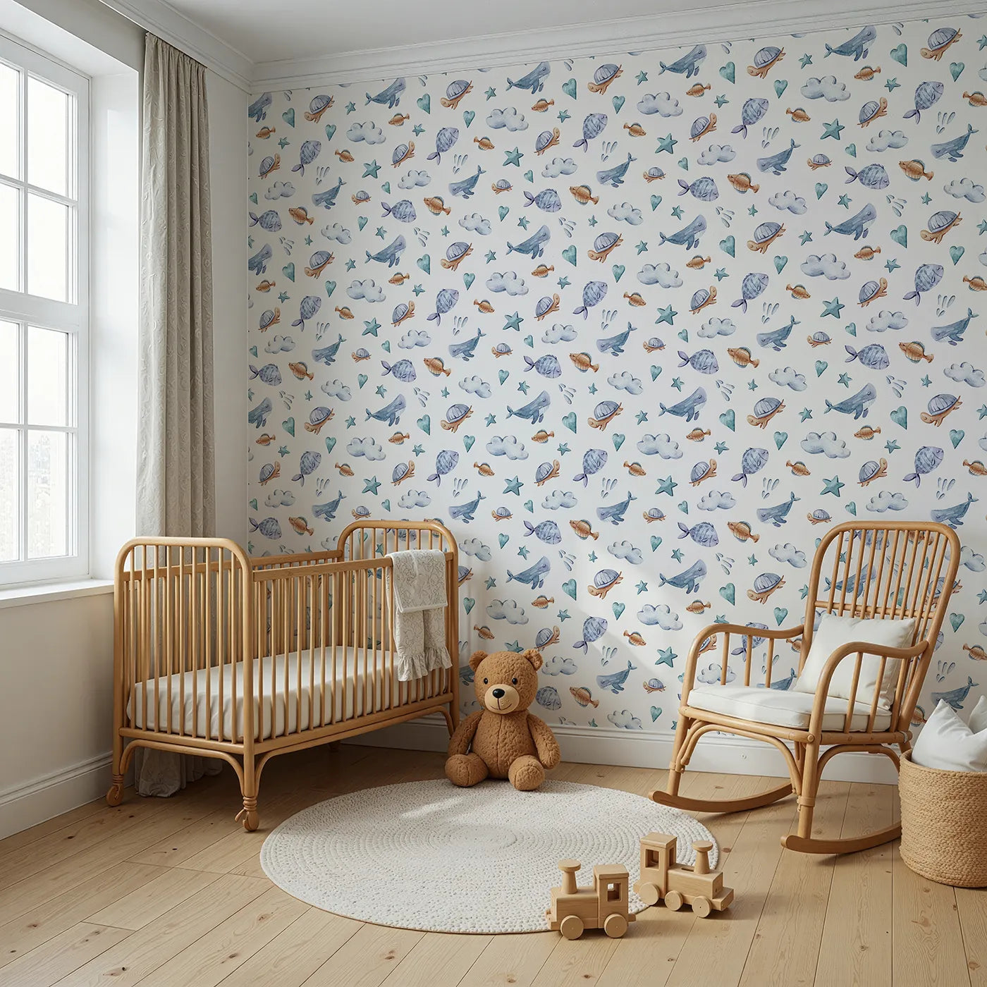 Angled view of Whimsy Tots' Sleepy Sea Sky Wallpaper in White (W3417A).Turtles, whales, and clouds float peacefully across a soft white sky.