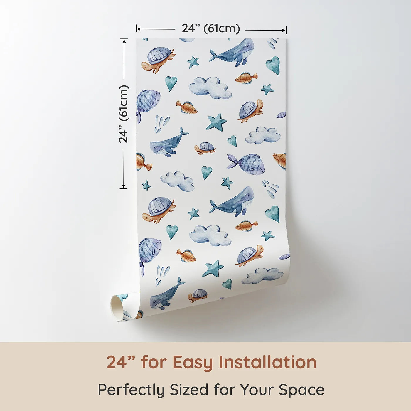 Dimension view of Whimsy Tots Sleepy Sea Sky Wallpaper in White (W3417A). Printed in 24-inch-wide panel for easy installation. Turtles, whales, and clouds float peacefully across a soft white sky.
