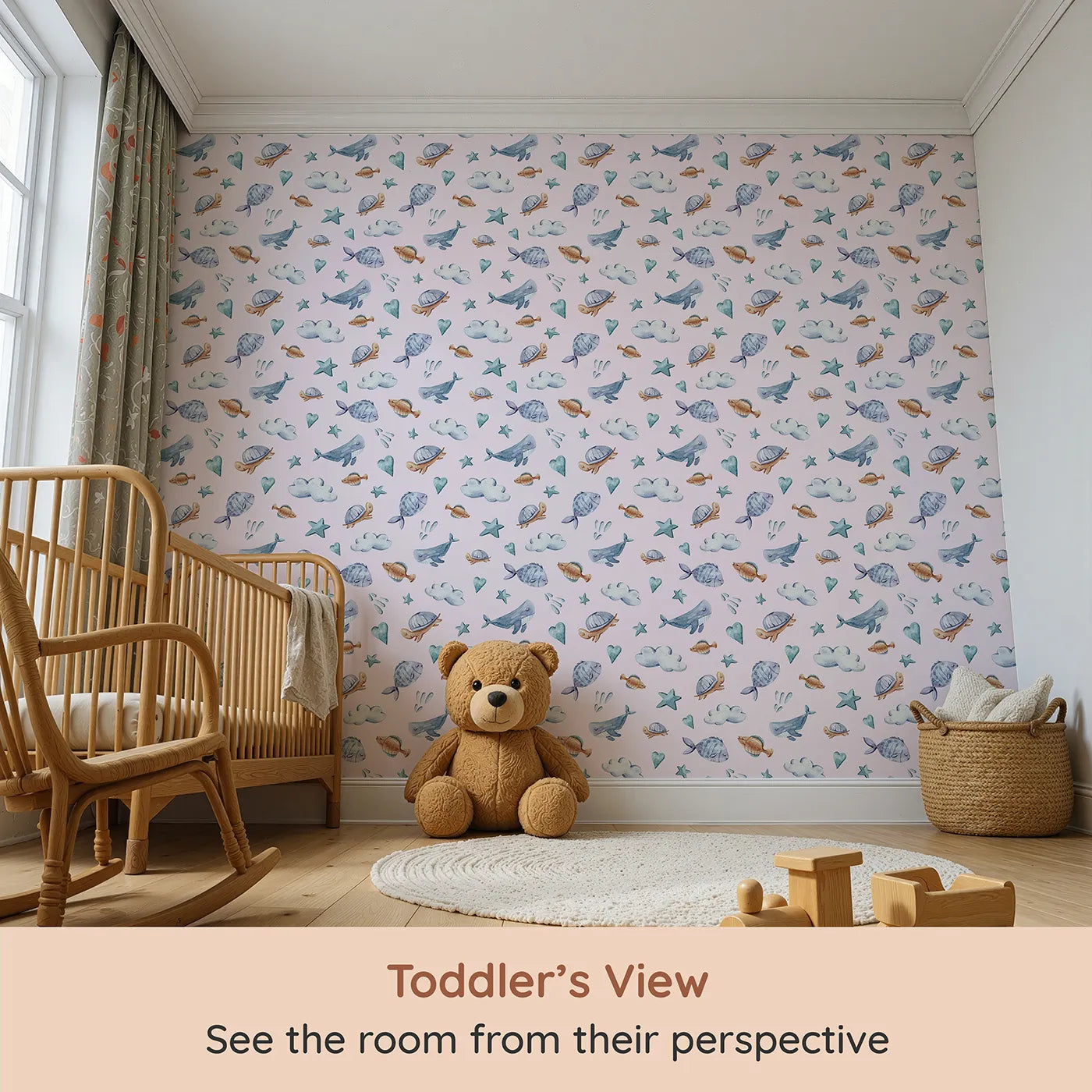Whimsy Tots Sleepy Sea Sky Wallpaper in Blush Pink (W3417B) from your child's view.Gentle whales, turtles, and stars drift across a pastel pink sky.