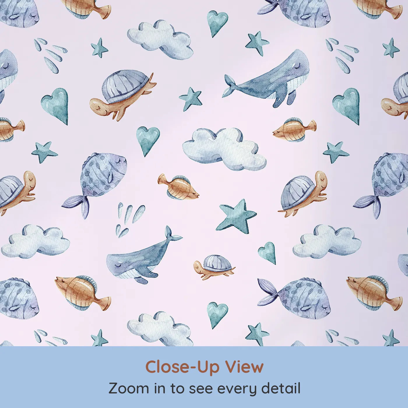 Close-up view of Whimsy Tots' Sleepy Sea Sky Wallpaper in Blush Pink (W3417B).Gentle whales, turtles, and stars drift across a pastel pink sky.