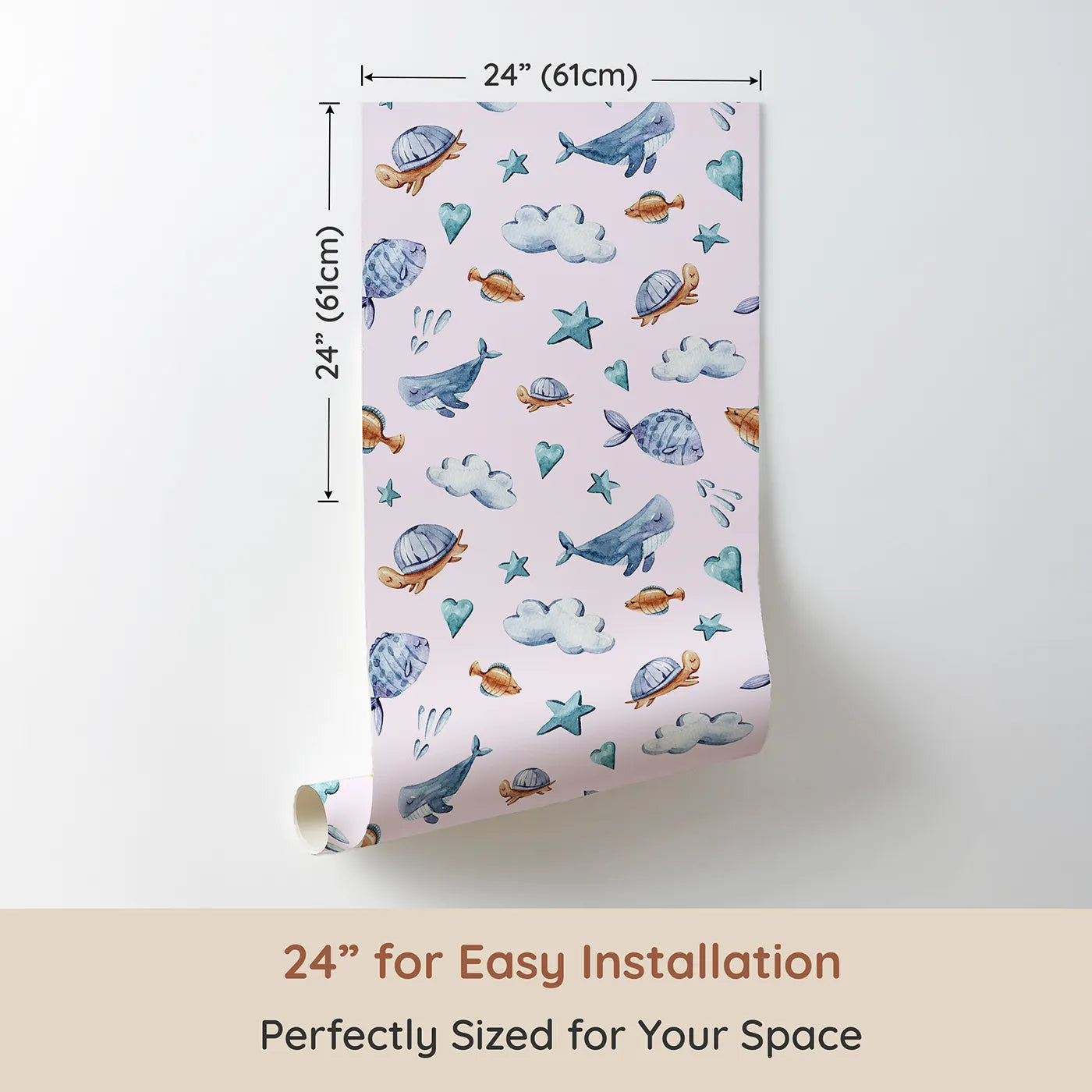 Dimension view of Whimsy Tots Sleepy Sea Sky Wallpaper in Blush Pink (W3417B). Printed in 24-inch-wide panel for easy installation. Gentle whales, turtles, and stars drift across a pastel pink sky.