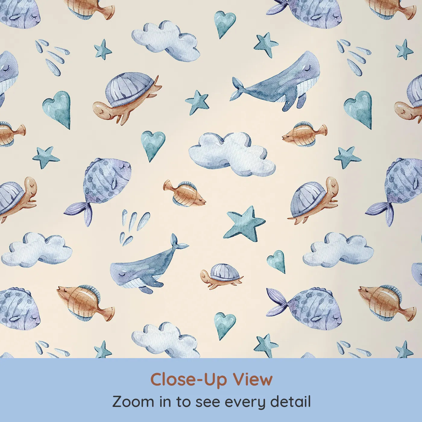 Close-up view of Whimsy Tots' Sleepy Sea Sky Wallpaper in Sand (W3417C).Whales, turtles, and clouds float gently across a cozy sand sky.