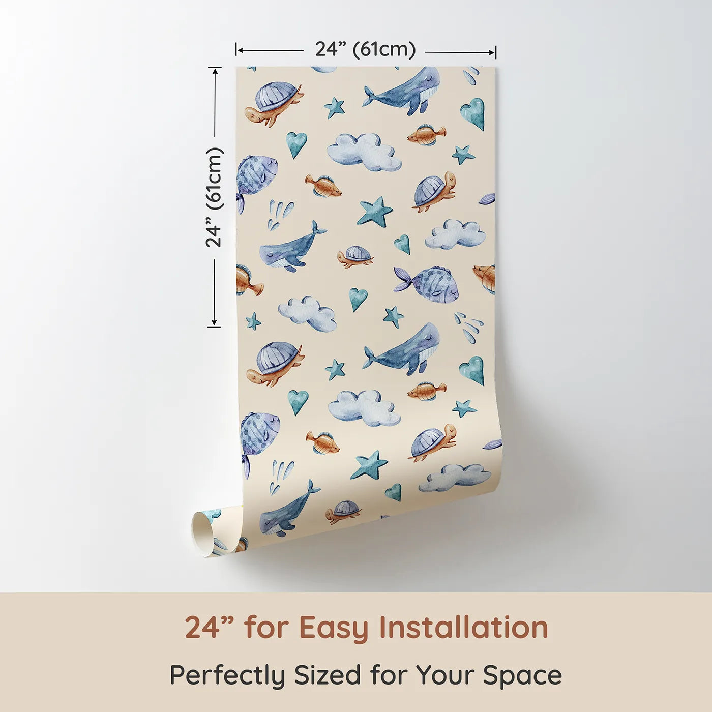 Dimension view of Whimsy Tots Sleepy Sea Sky Wallpaper in Sand (W3417C). Printed in 24-inch-wide panel for easy installation. Whales, turtles, and clouds float gently across a cozy sand sky.
