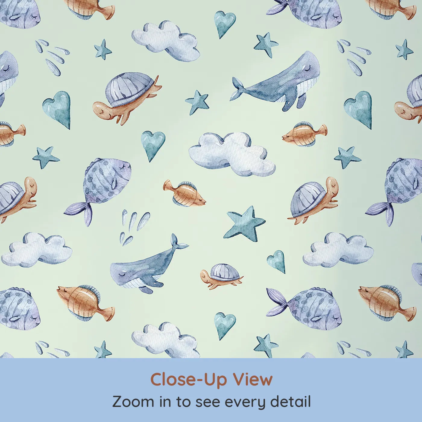 Close-up view of Whimsy Tots' Sleepy Sea Sky Wallpaper in Mint Green (W3417D).Watercolor sea friends drift playfully across a mint green sky.