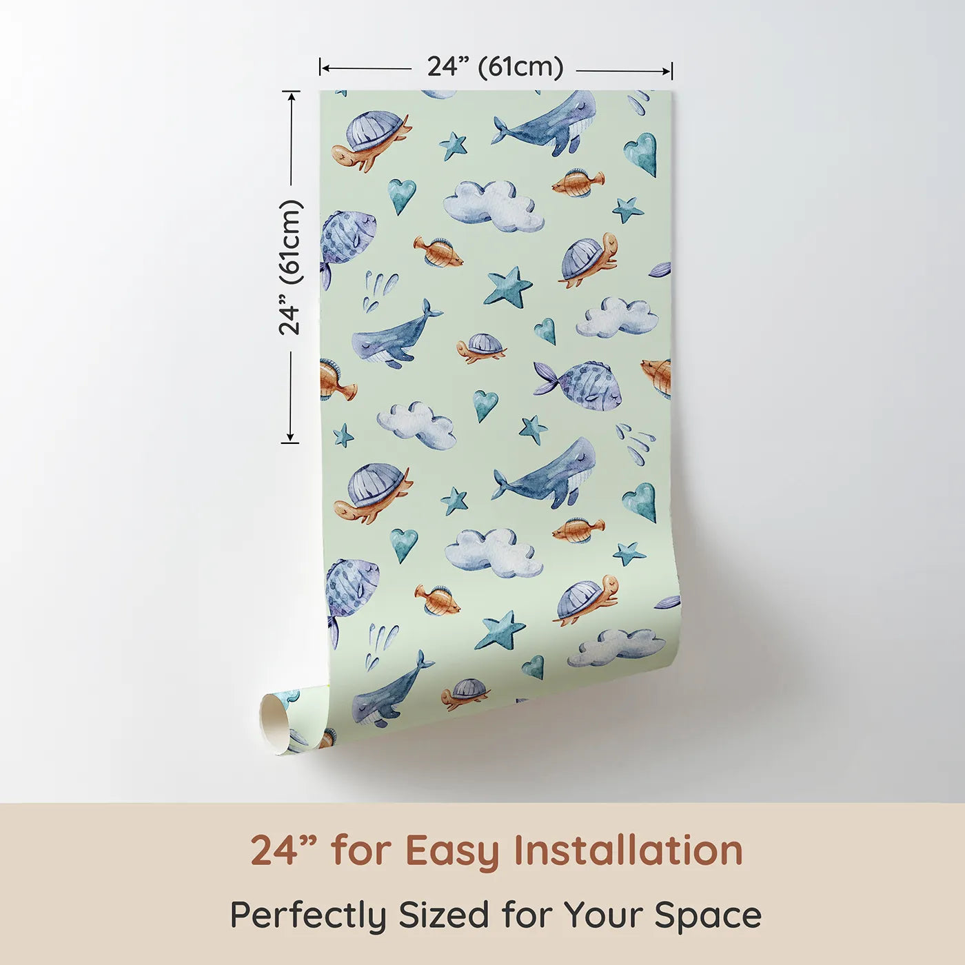Dimension view of Whimsy Tots Sleepy Sea Sky Wallpaper in Mint Green (W3417D). Printed in 24-inch-wide panel for easy installation. Watercolor sea friends drift playfully across a mint green sky.