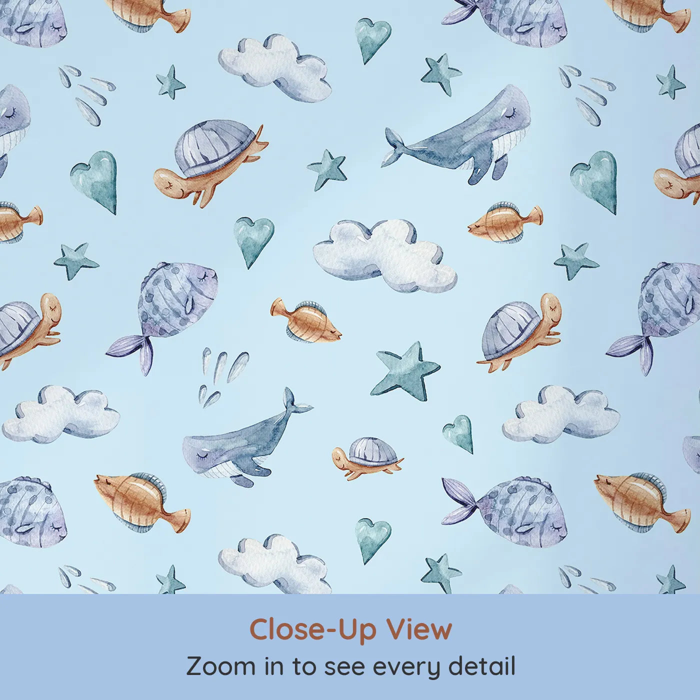 Close-up view of Whimsy Tots' Sleepy Sea Sky Wallpaper in Blue (W3417E).Sleepy whales and gentle clouds float through a sky-blue sea.