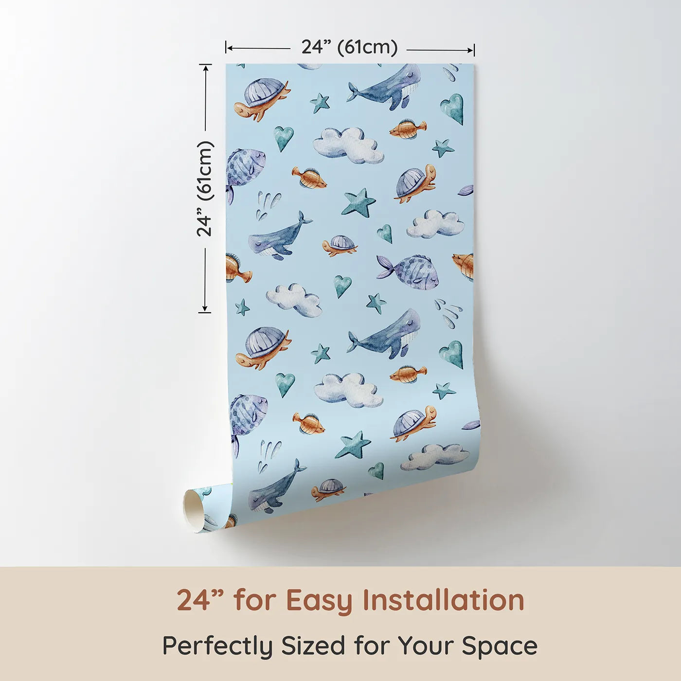 Dimension view of Whimsy Tots Sleepy Sea Sky Wallpaper in Blue (W3417E). Printed in 24-inch-wide panel for easy installation. Sleepy whales and gentle clouds float through a sky-blue sea.