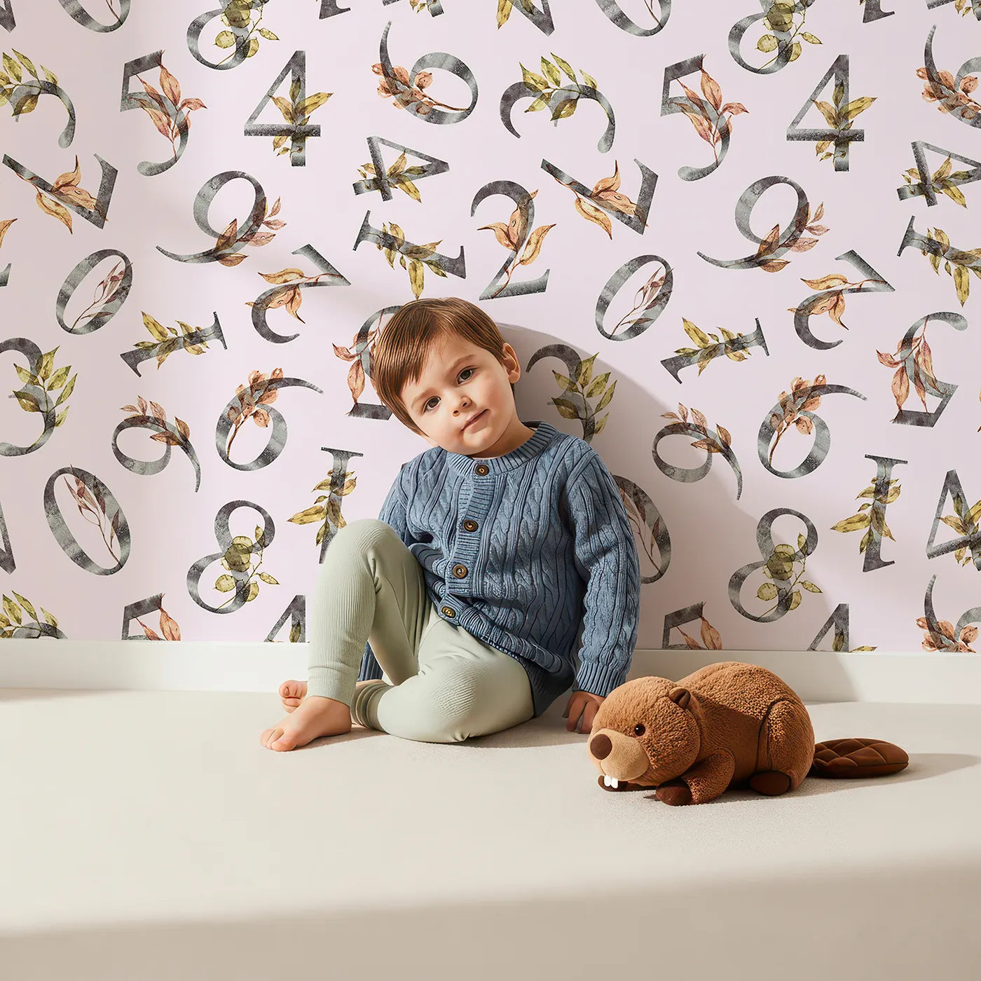 Lovely child standing in front of Whimsy Tots Botanical Numbers Wallpaper in Blush Pink with number, leaf, vine, foliage in design.
