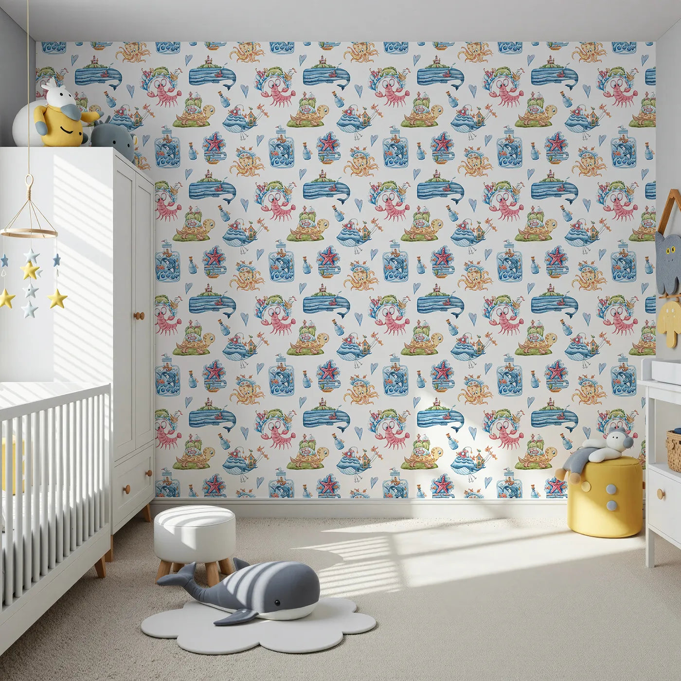 Front view of Whimsy Tots' Undersea Island Adventure Wallpaper in White