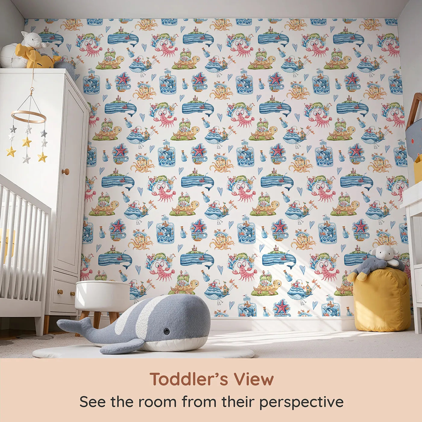 Whimsy Tots Undersea Island Adventure Wallpaper in White (W3420A) from your child's view.Playful sea creatures and floating islands bring ocean stories to life.