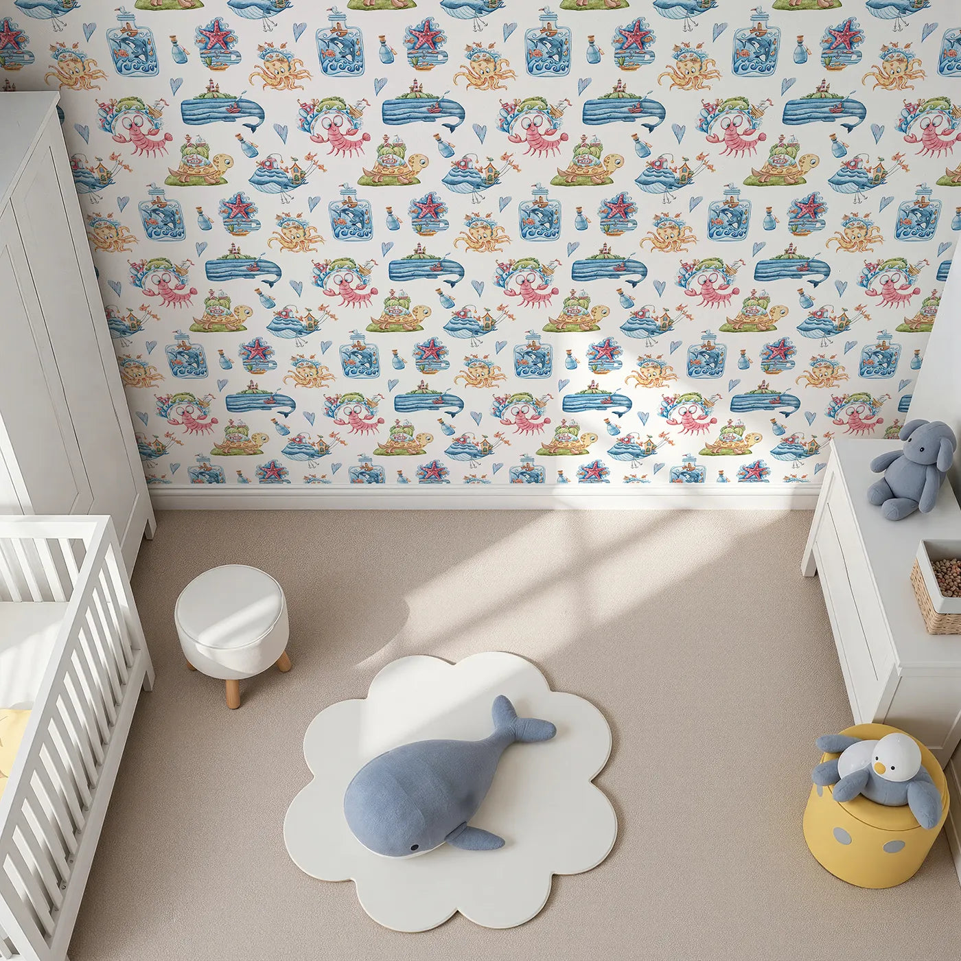 Top-Down view of Whimsy Tots' Undersea Island Adventure Wallpaper in White (W3420A).Playful sea creatures and floating islands bring ocean stories to life.