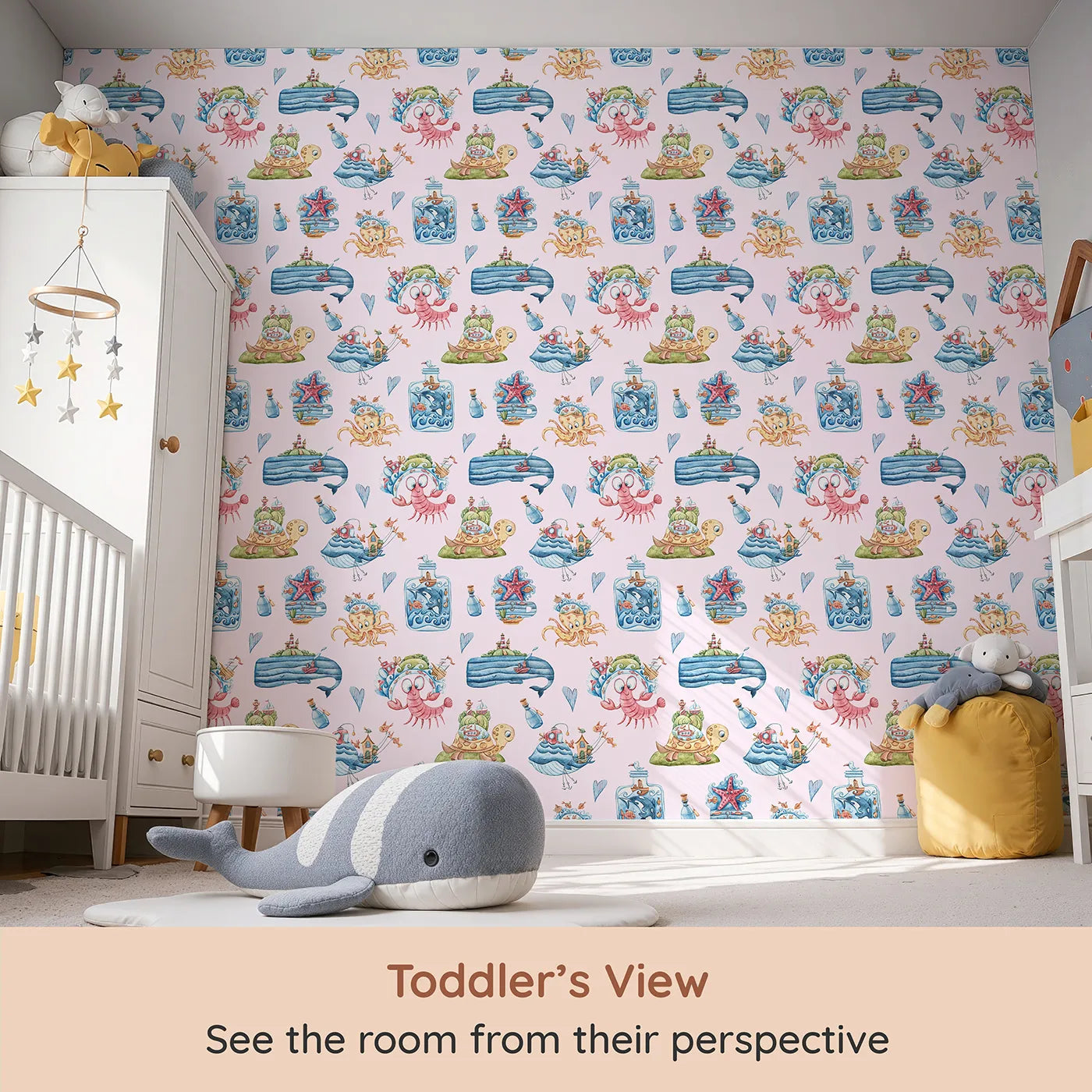 Whimsy Tots Undersea Island Adventure Wallpaper in Blush Pink (W3420B) from your child's view.Playful ocean friends explore seashell islands under a gentle blush sky.