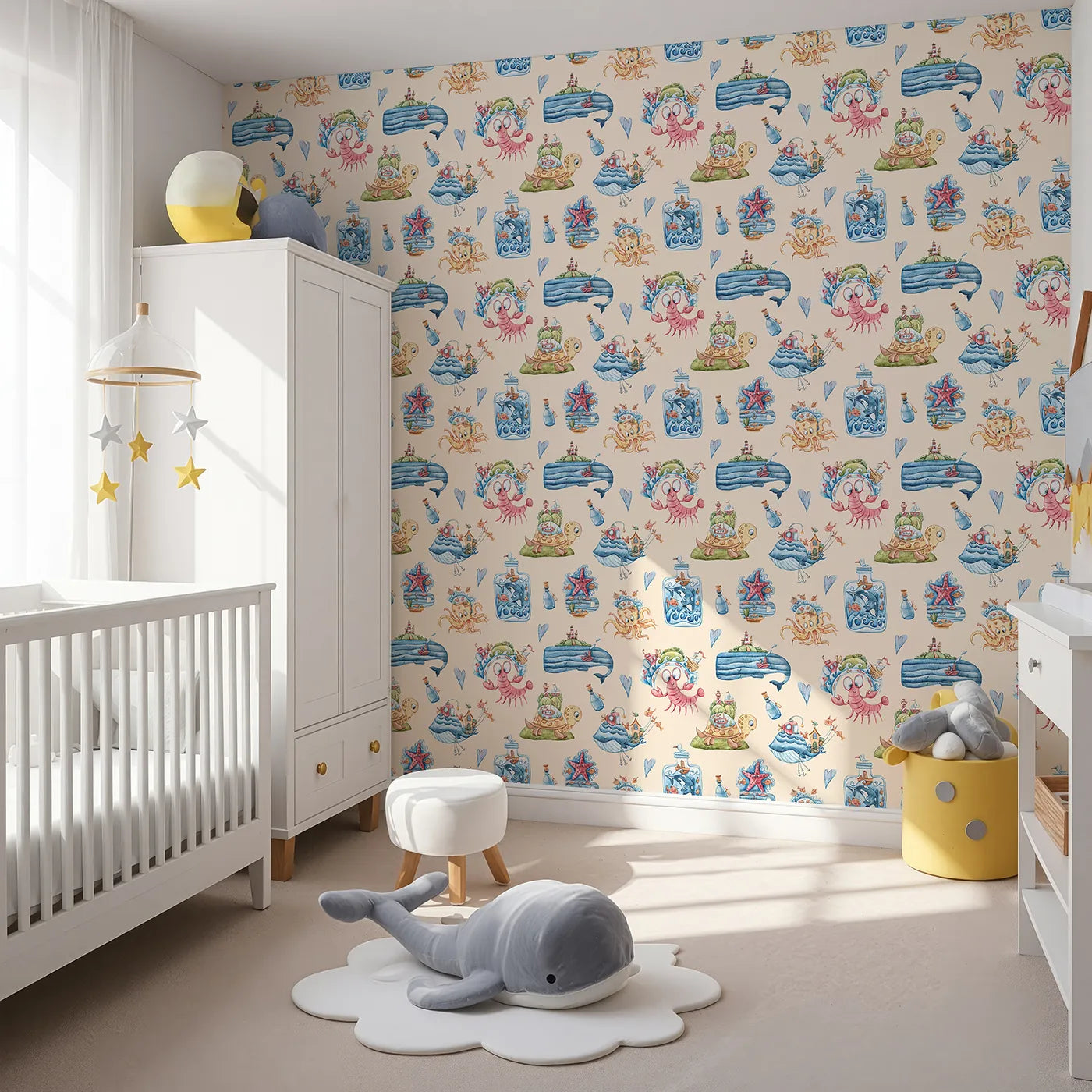 Angled view of Whimsy Tots' Undersea Island Adventure Wallpaper in Sand (W3420C).Sea creatures and bottle-bound worlds dance on a soft sandy sky.