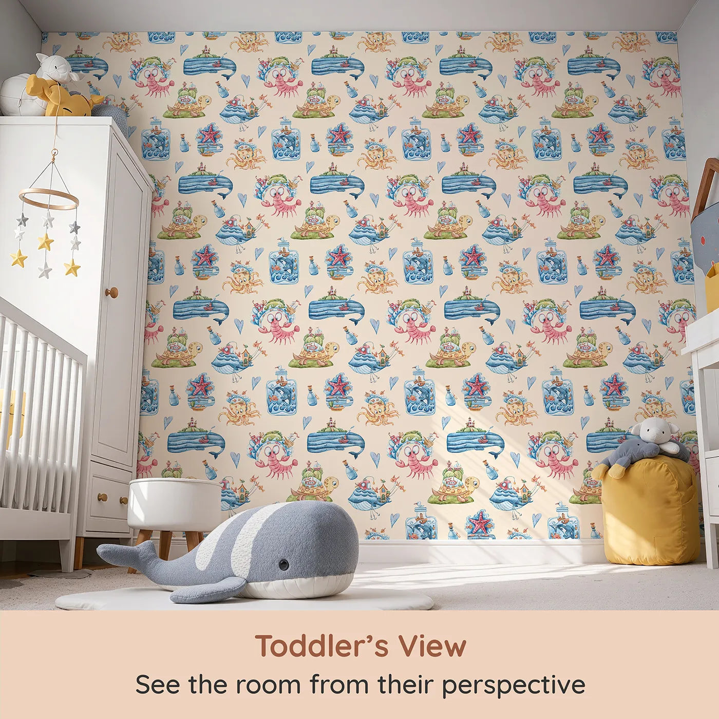 Whimsy Tots Undersea Island Adventure Wallpaper in Sand (W3420C) from your child's view.Sea creatures and bottle-bound worlds dance on a soft sandy sky.