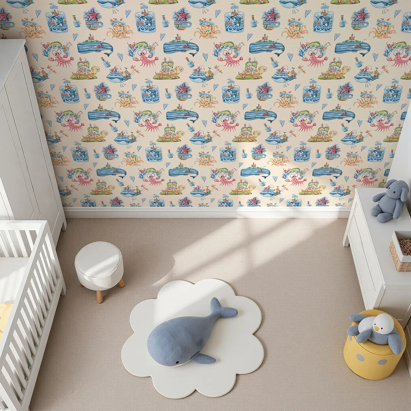Top-Down view of Whimsy Tots' Undersea Island Adventure Wallpaper in Sand (W3420C).Sea creatures and bottle-bound worlds dance on a soft sandy sky.