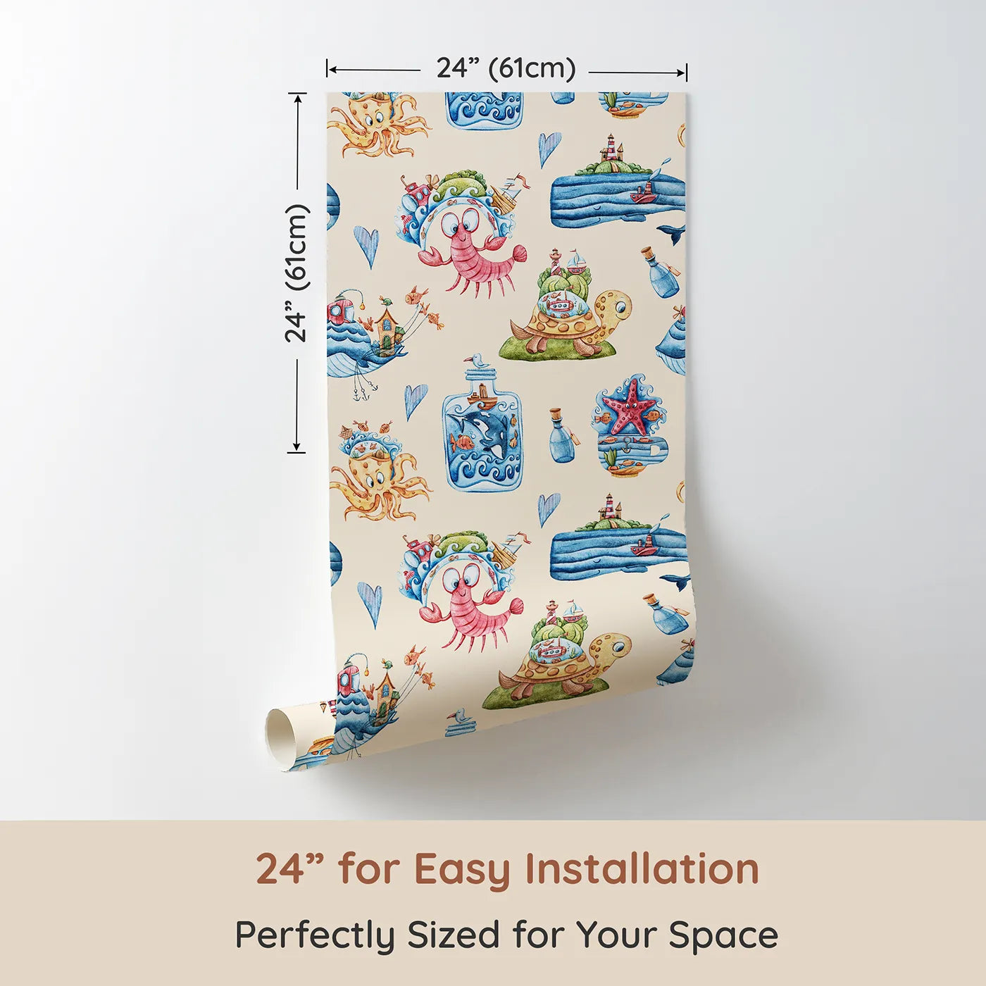 Dimension view of Whimsy Tots Undersea Island Adventure Wallpaper in Sand (W3420C). Printed in 24-inch-wide panel for easy installation. Sea creatures and bottle-bound worlds dance on a soft sandy sky.