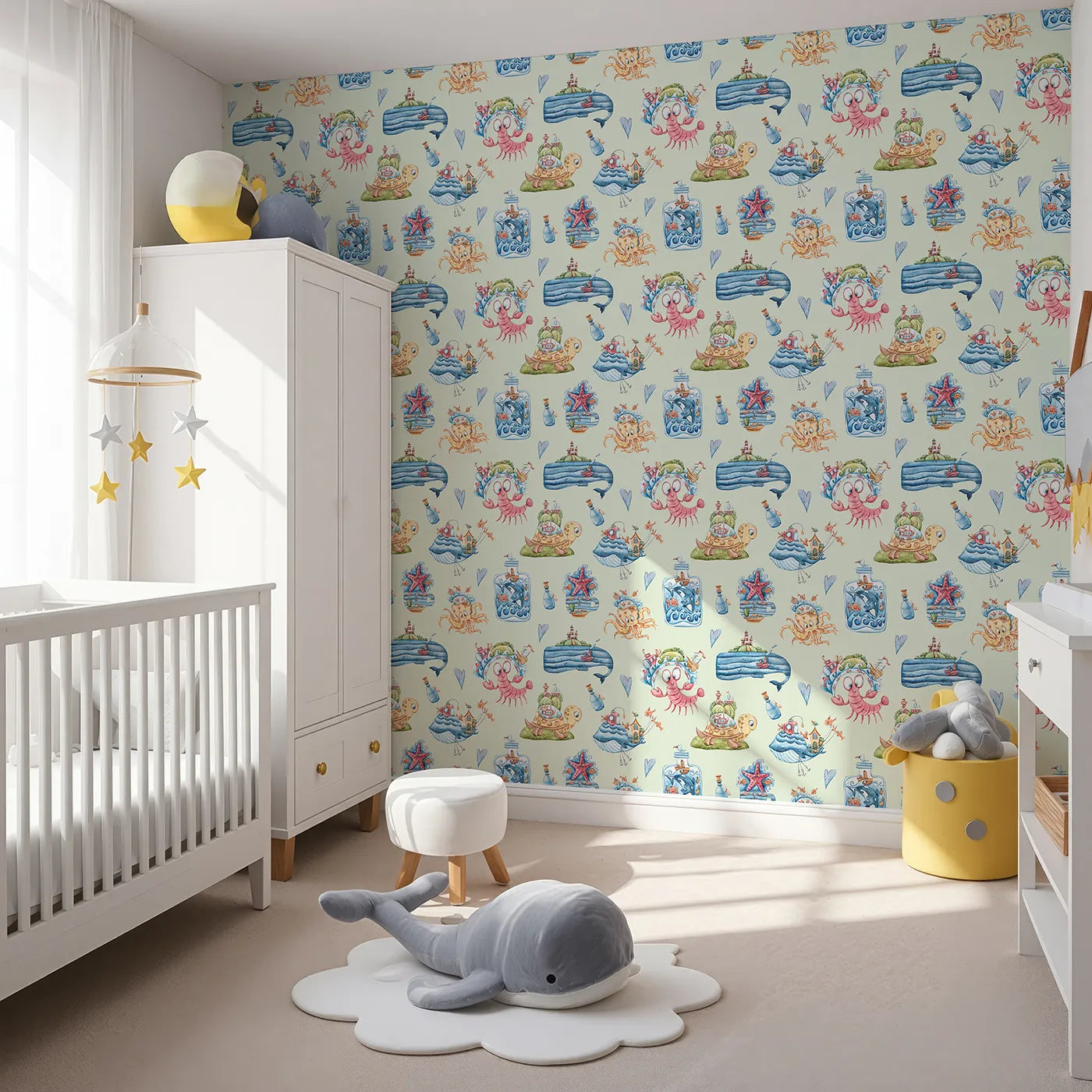 Angled view of Whimsy Tots' Undersea Island Adventure Wallpaper in Mint Green (W3420D).Whales, turtles, and sea treasures swirl across a refreshing minty ocean.