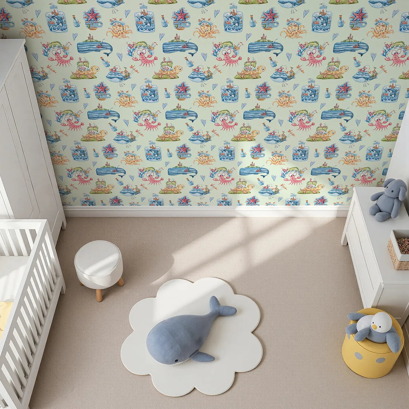 Top-Down view of Whimsy Tots' Undersea Island Adventure Wallpaper in Mint Green (W3420D).Whales, turtles, and sea treasures swirl across a refreshing minty ocean.