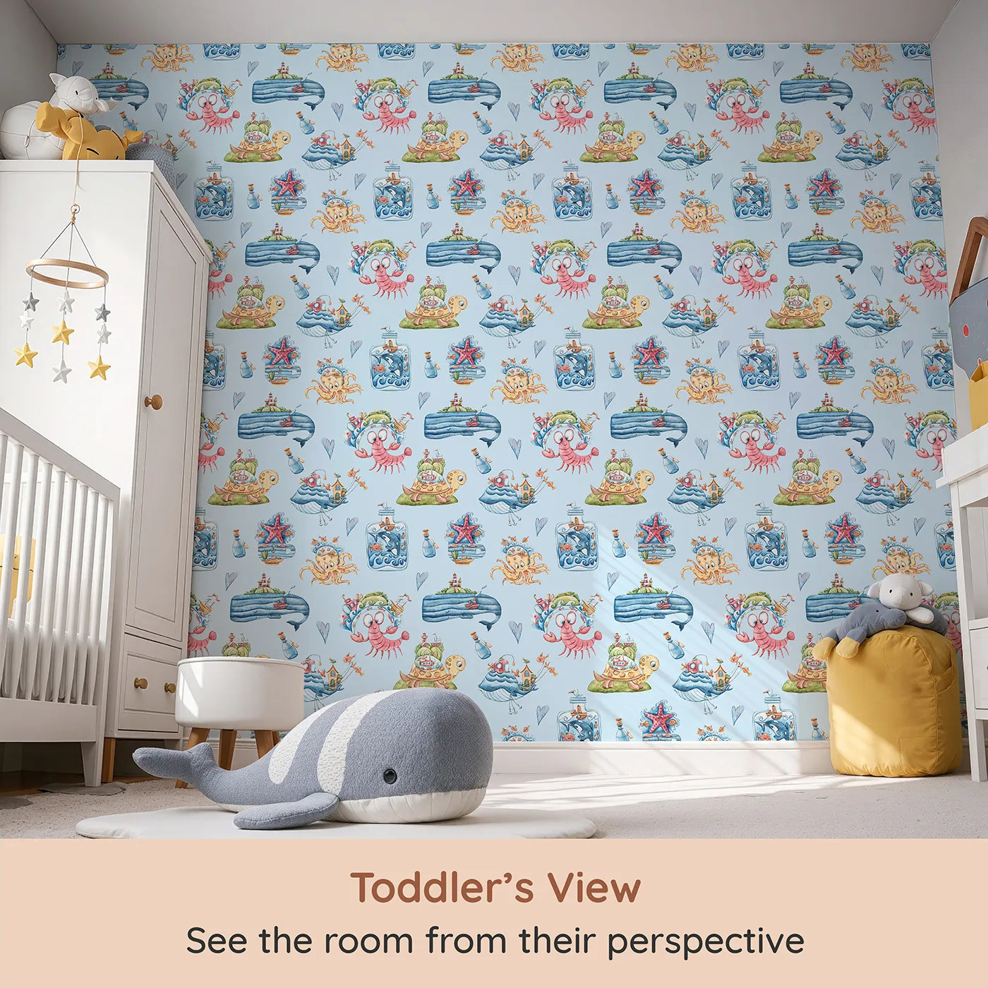Whimsy Tots Undersea Island Adventure Wallpaper in Blue (W3420E) from your child's view.Sea creatures and island dreams drift through a soft blue sea.