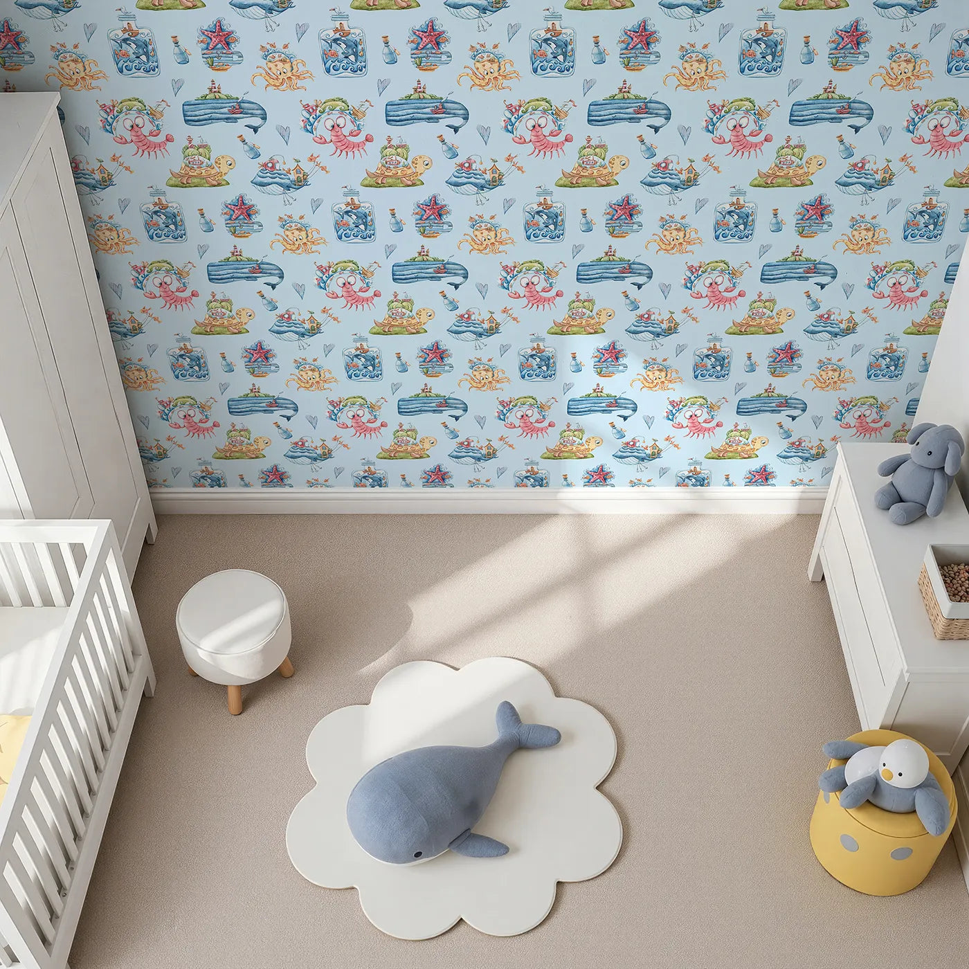 Top-Down view of Whimsy Tots' Undersea Island Adventure Wallpaper in Blue (W3420E).Sea creatures and island dreams drift through a soft blue sea.