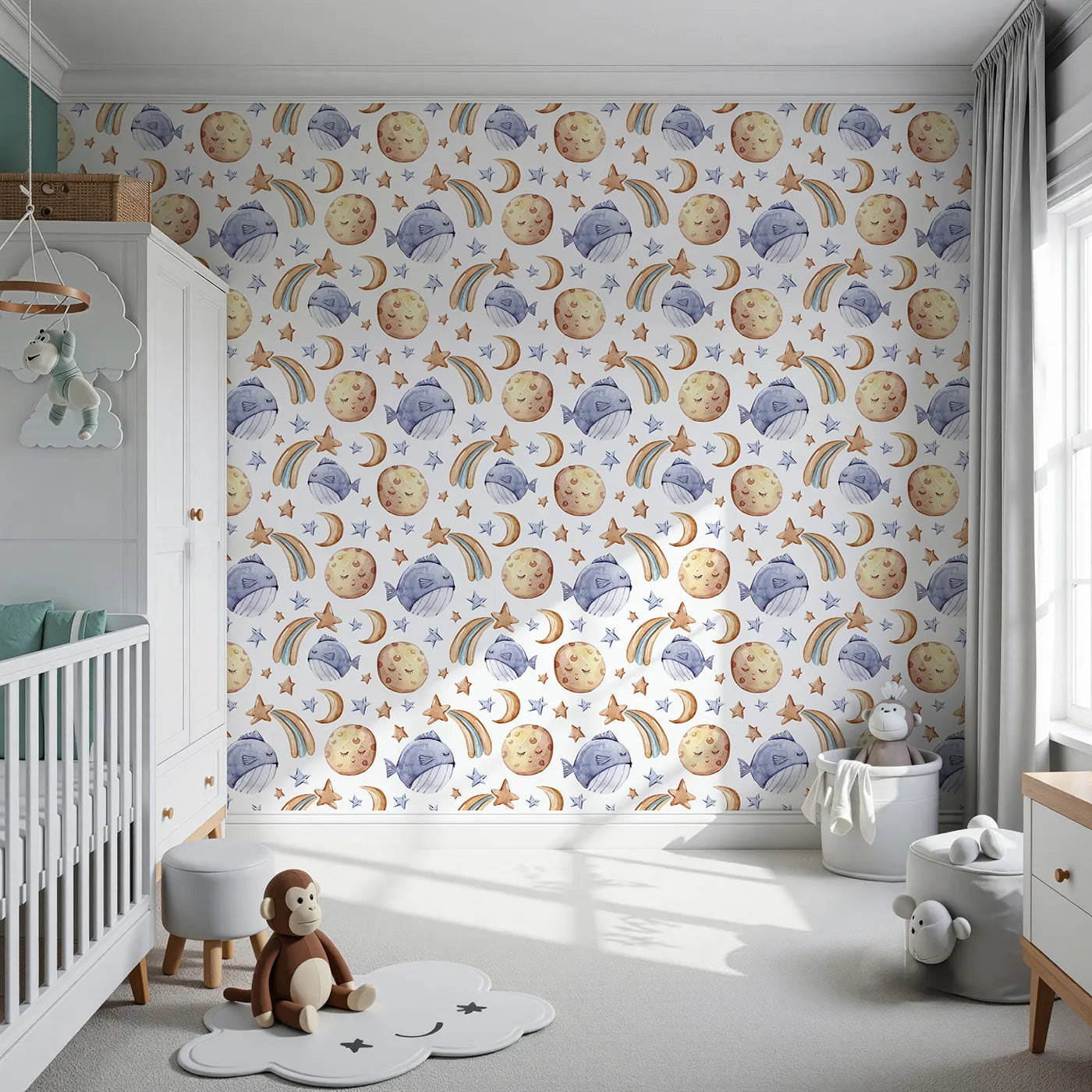 Front view of Whimsy Tots' Sleepy Celestial Whale Wallpaper in White