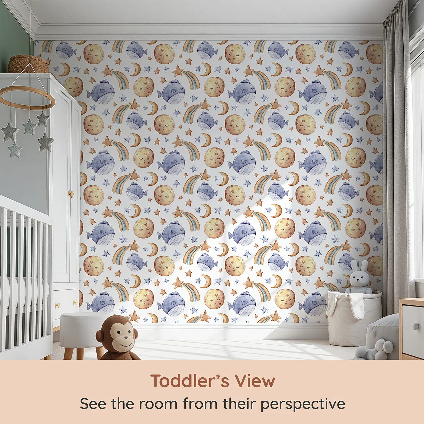Whimsy Tots Sleepy Celestial Whale Wallpaper in White (W3421A) from your child's view.Snoozy whales and sleepy moons float across a calm night sky.