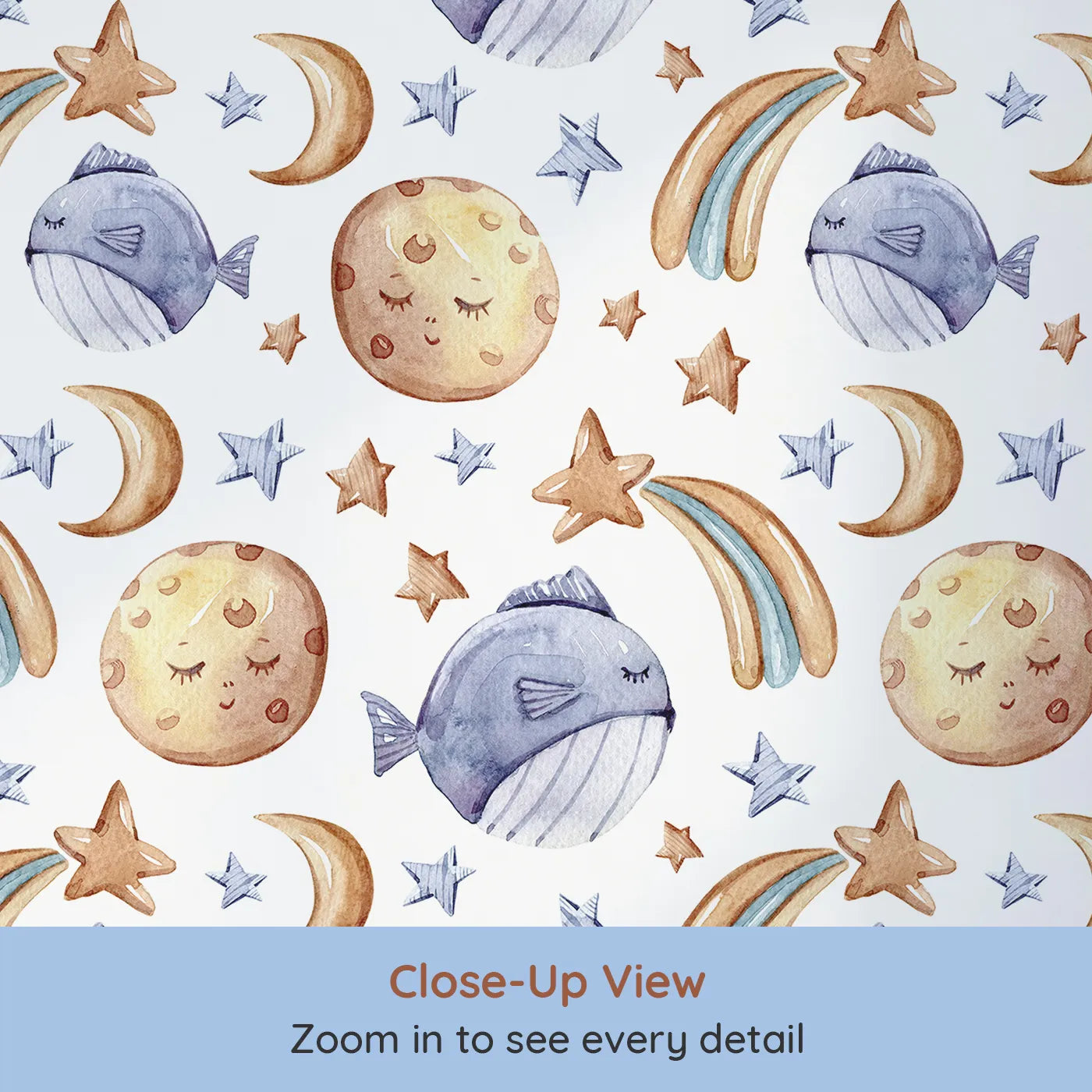 Close-up view of Whimsy Tots' Sleepy Celestial Whale Wallpaper in White (W3421A).Snoozy whales and sleepy moons float across a calm night sky.