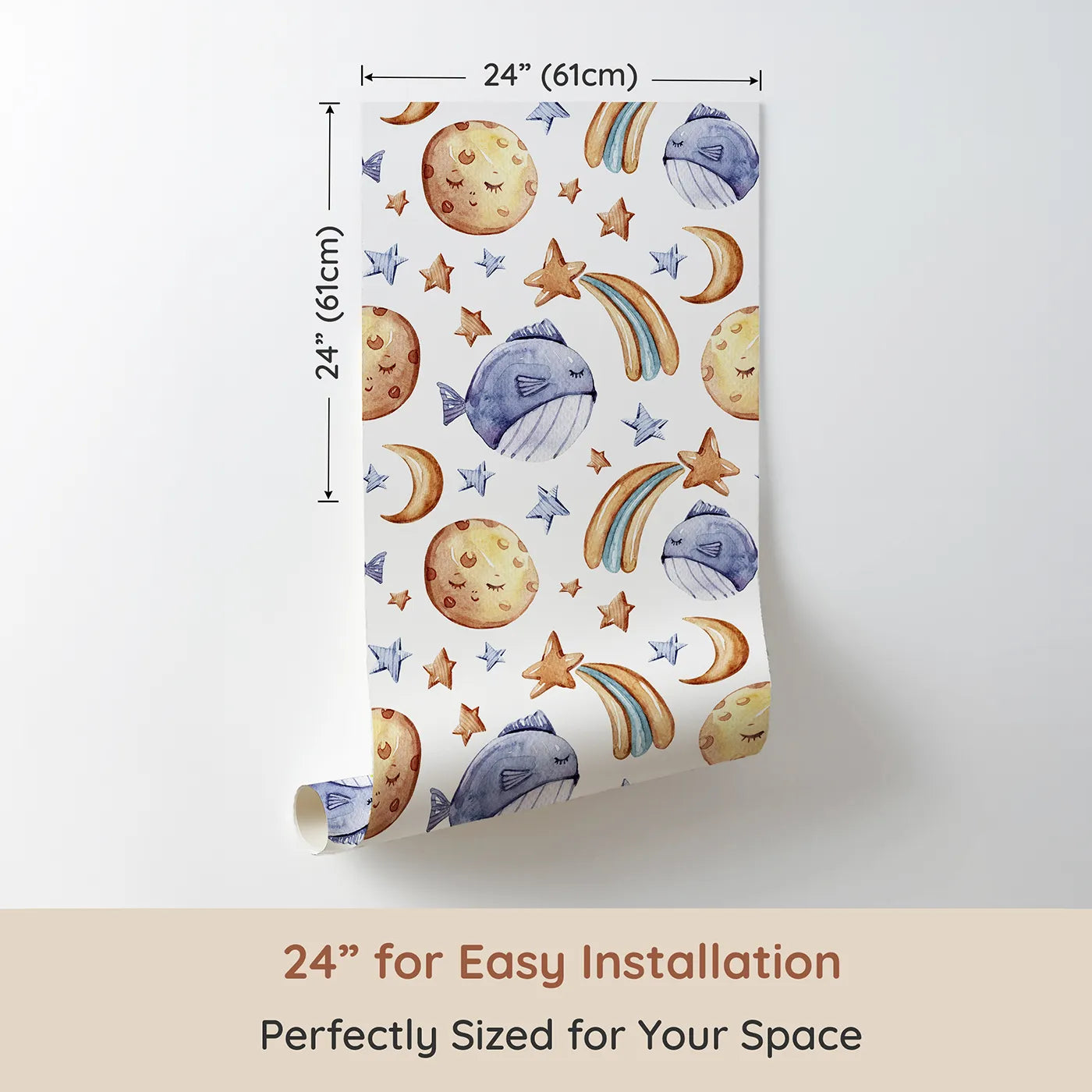 Dimension view of Whimsy Tots Sleepy Celestial Whale Wallpaper in White (W3421A). Printed in 24-inch-wide panel for easy installation. Snoozy whales and sleepy moons float across a calm night sky.