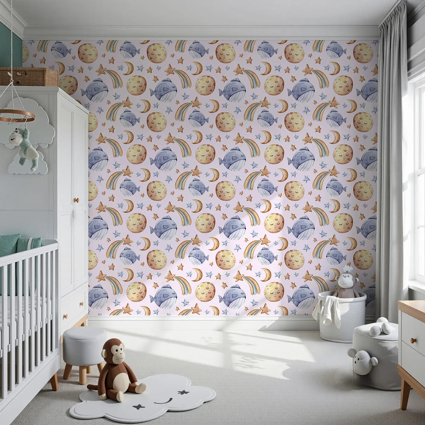 Front view of Whimsy Tots' Sleepy Celestial Whale Wallpaper in Blush Pink