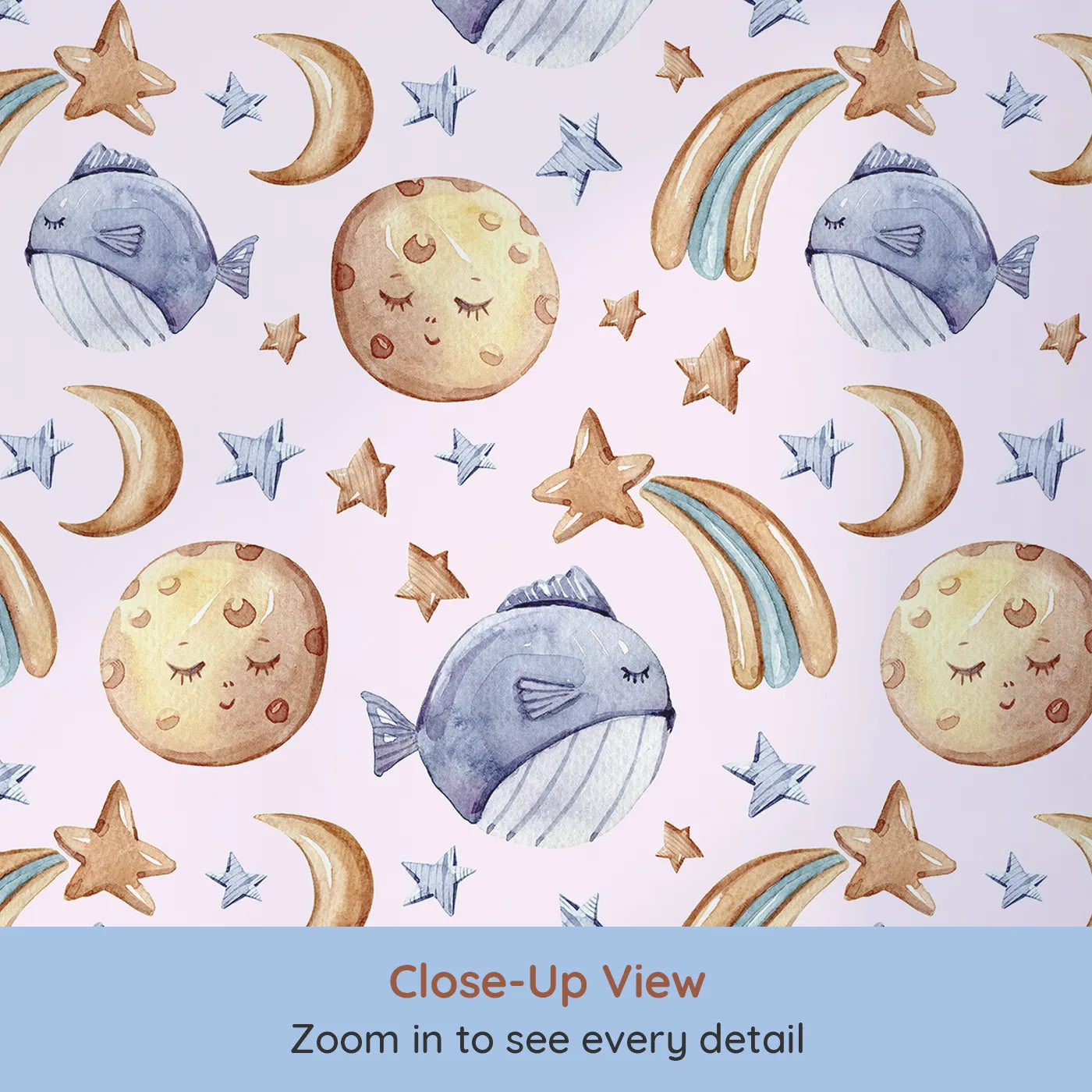 Close-up view of Whimsy Tots' Sleepy Celestial Whale Wallpaper in Blush Pink (W3421B).Starry dreams and blushing moons float gently in a pink-tinted sea.