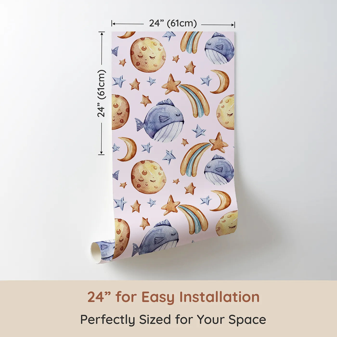 Dimension view of Whimsy Tots Sleepy Celestial Whale Wallpaper in Blush Pink (W3421B). Printed in 24-inch-wide panel for easy installation. Starry dreams and blushing moons float gently in a pink-tinted sea.