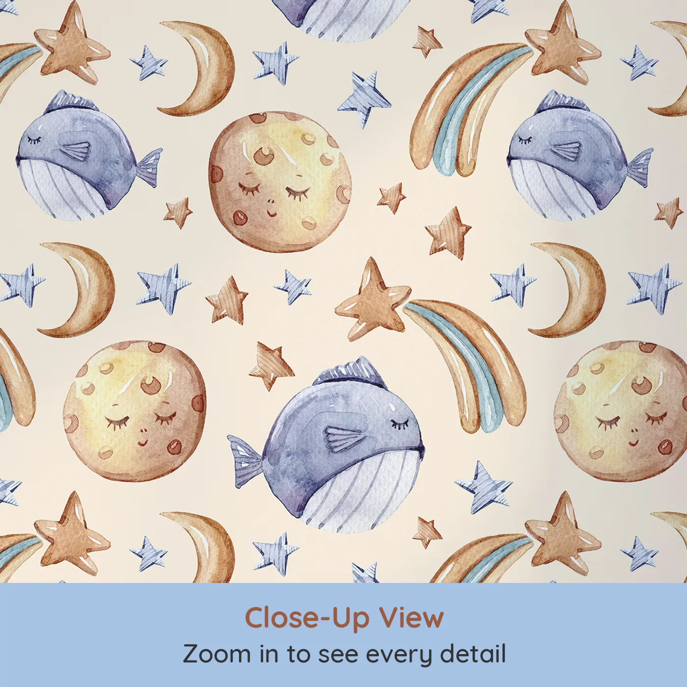 Close-up view of Whimsy Tots' Sleepy Celestial Whale Wallpaper in Sand (W3421C).Dreamy moons and sleepy whales drift across a sandy sky.