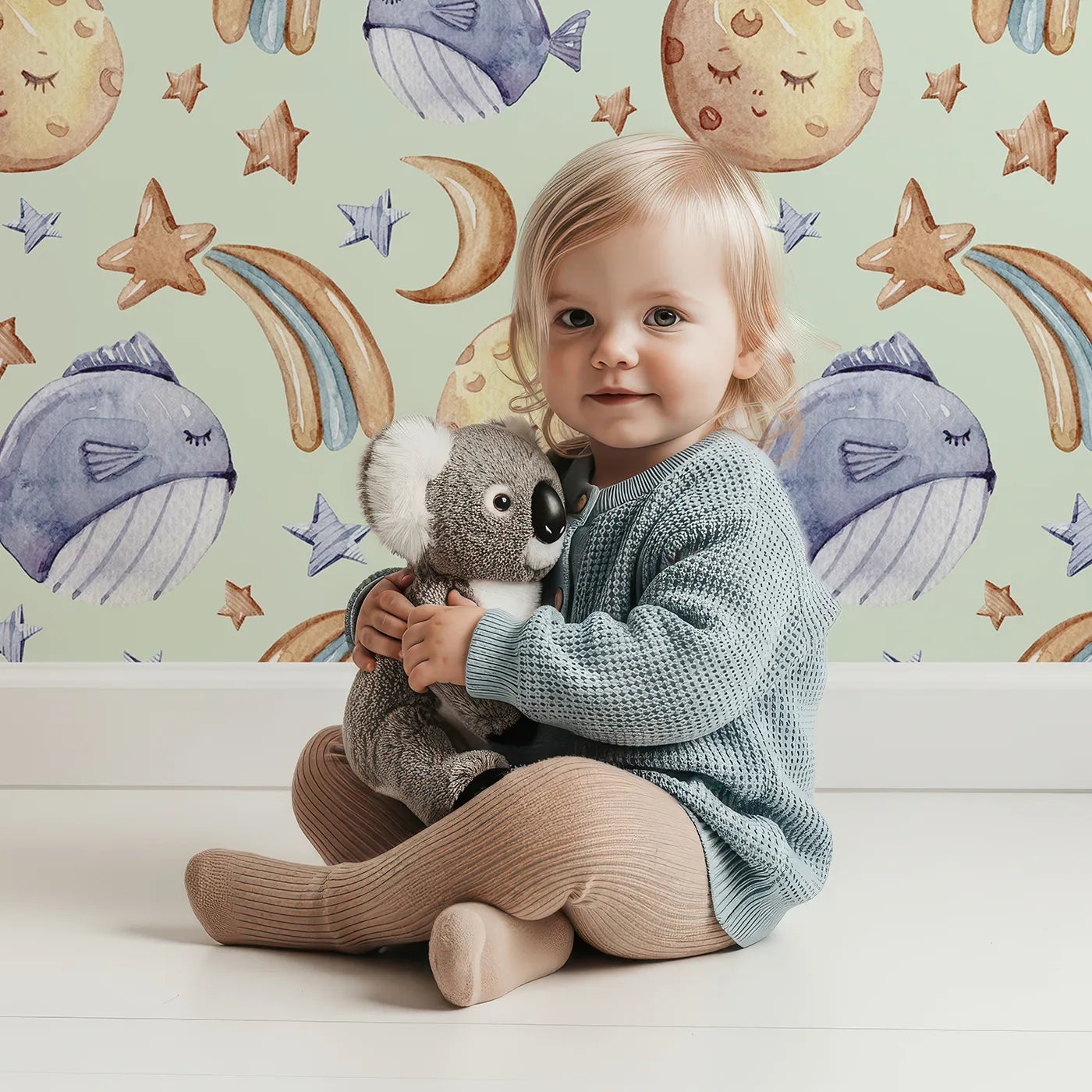 Lovely child standing in front of Whimsy Tots Sleepy Celestial Whale Wallpaper in Mint Green with whale, moon, star, fish, comet in design.