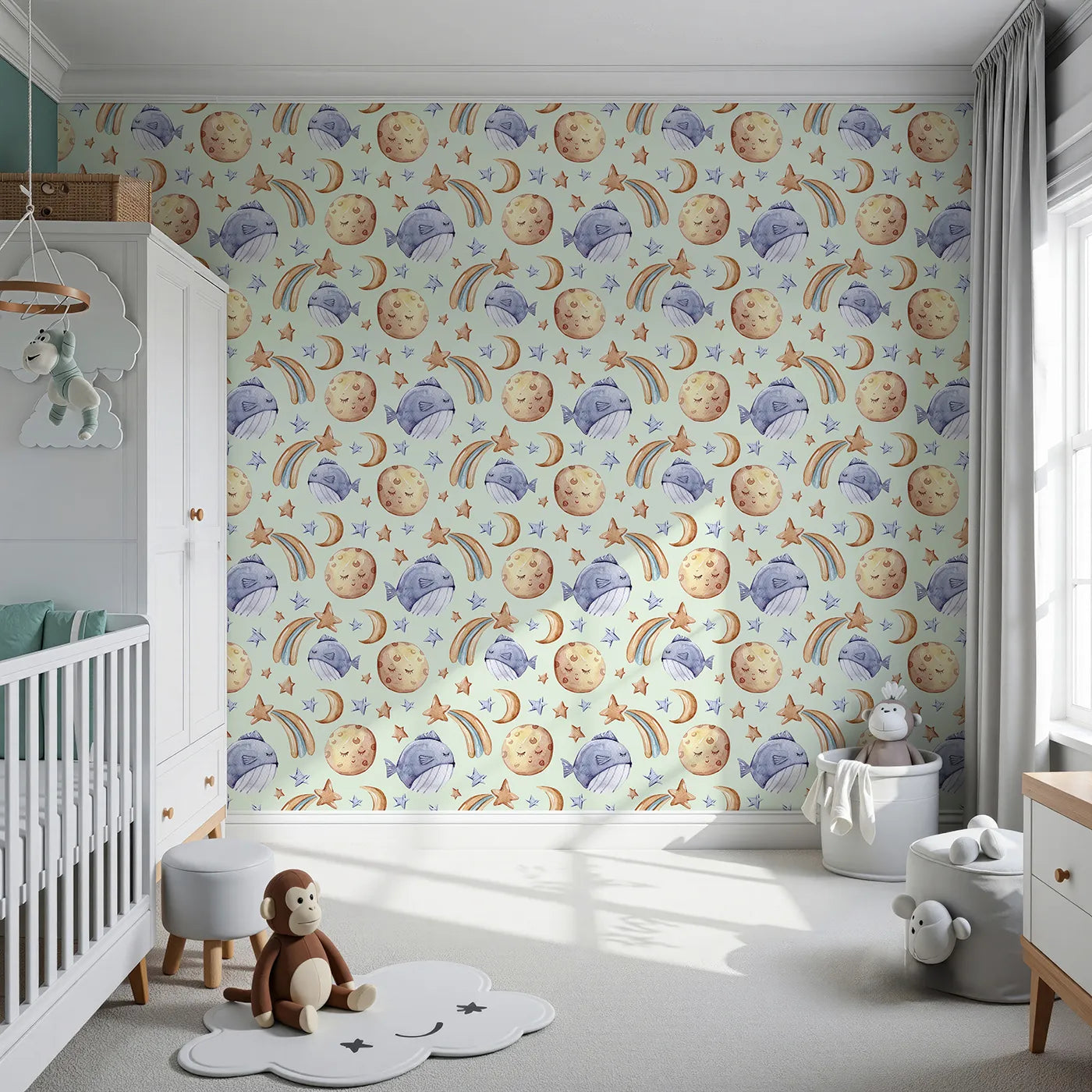 Front view of Whimsy Tots' Sleepy Celestial Whale Wallpaper in Mint Green