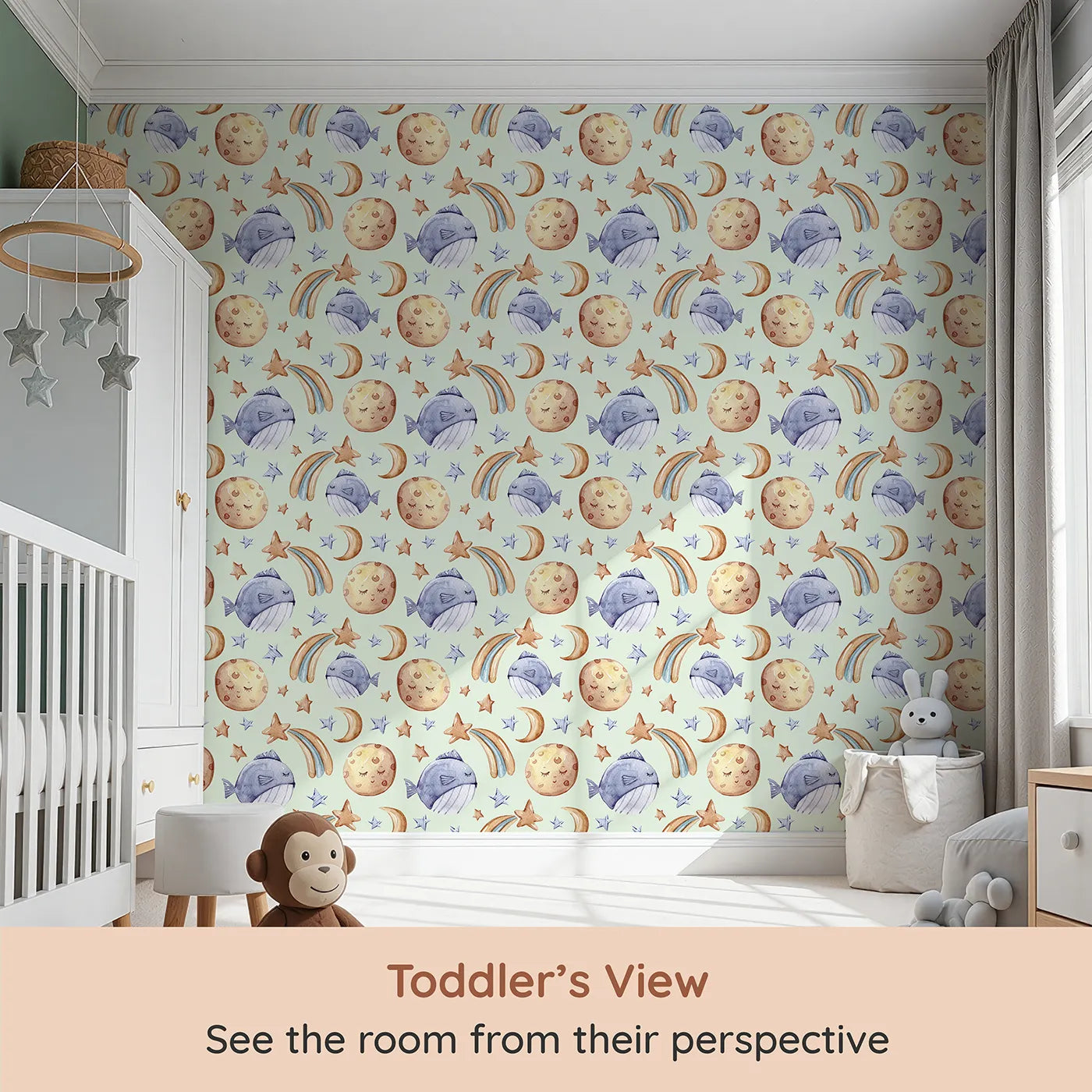 Whimsy Tots Sleepy Celestial Whale Wallpaper in Mint Green (W3421D) from your child's view.Soothing mint skies cradle sleepy whales and celestial moons.