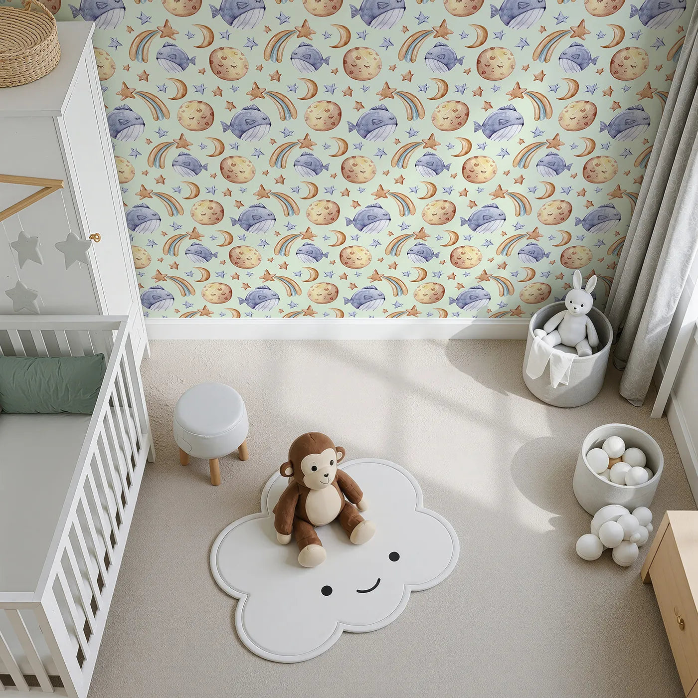 Top-Down view of Whimsy Tots' Sleepy Celestial Whale Wallpaper in Mint Green (W3421D).Soothing mint skies cradle sleepy whales and celestial moons.