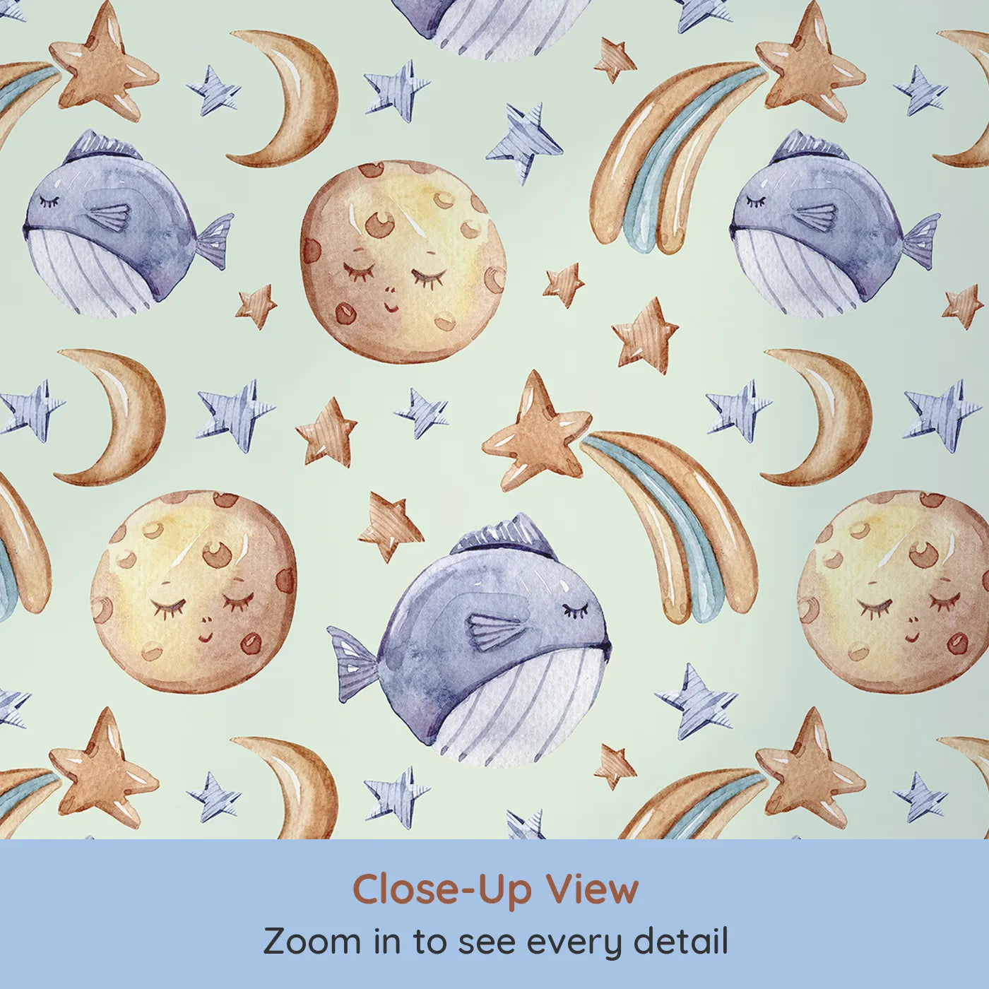 Close-up view of Whimsy Tots' Sleepy Celestial Whale Wallpaper in Mint Green (W3421D).Soothing mint skies cradle sleepy whales and celestial moons.