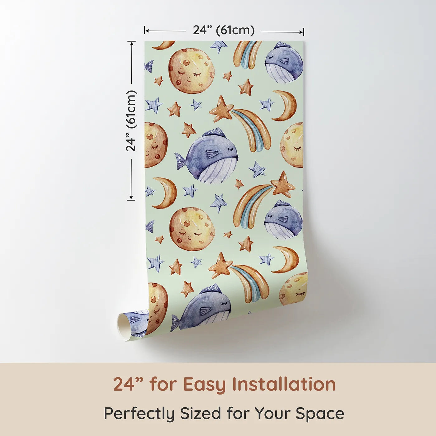 Dimension view of Whimsy Tots Sleepy Celestial Whale Wallpaper in Mint Green (W3421D). Printed in 24-inch-wide panel for easy installation. Soothing mint skies cradle sleepy whales and celestial moons.