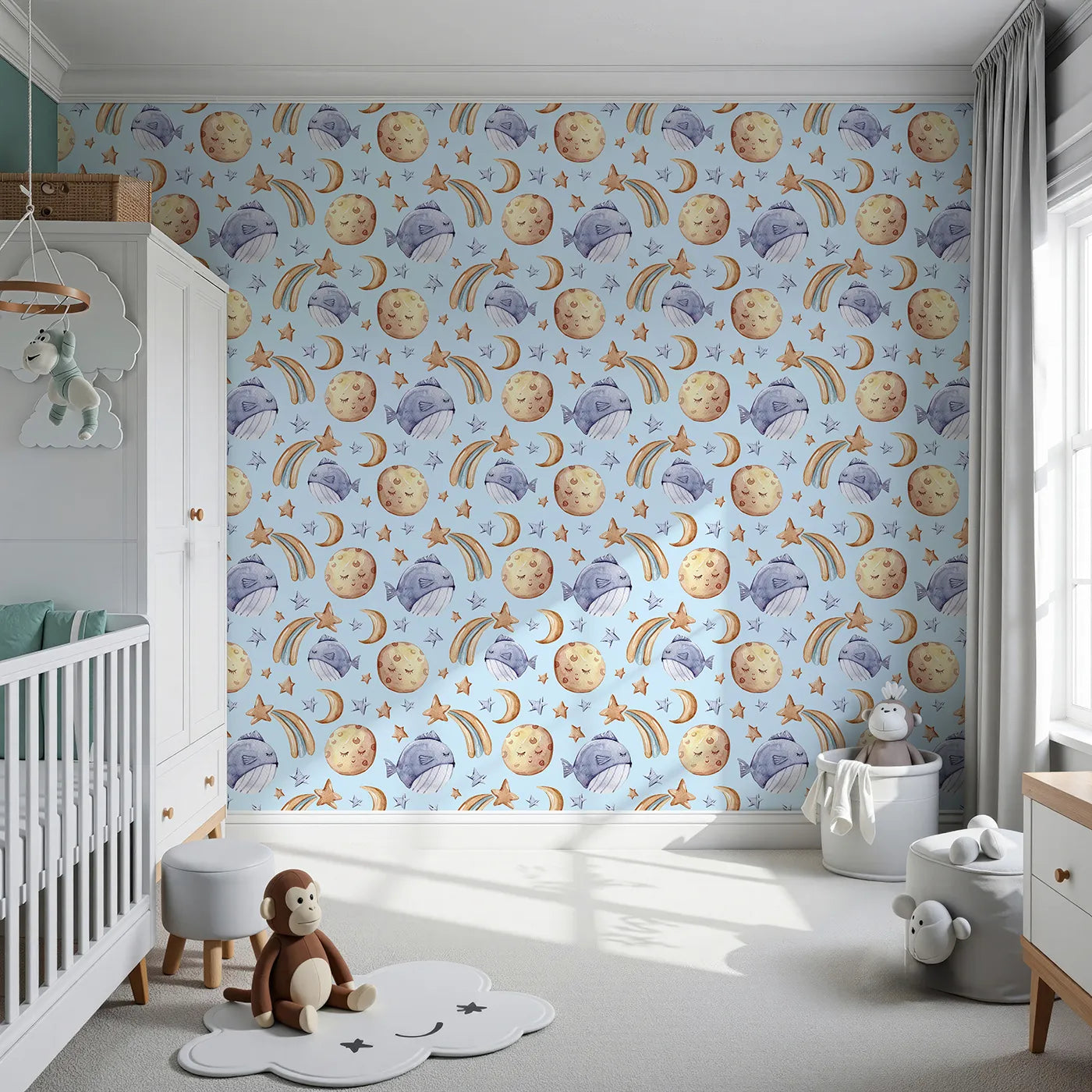 Front view of Whimsy Tots' Sleepy Celestial Whale Wallpaper in Blue