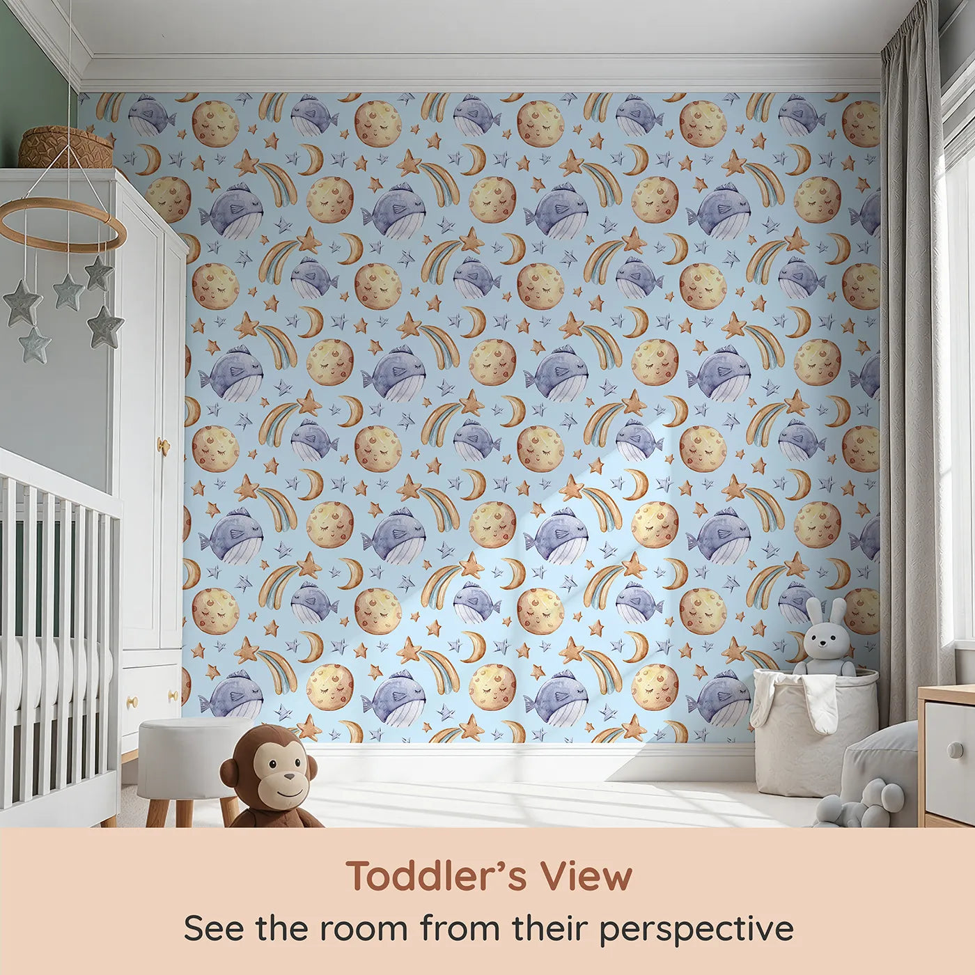 Whimsy Tots Sleepy Celestial Whale Wallpaper in Blue (W3421E) from your child's view.Soft blue skies cradle sleepy moons and starlit whales.