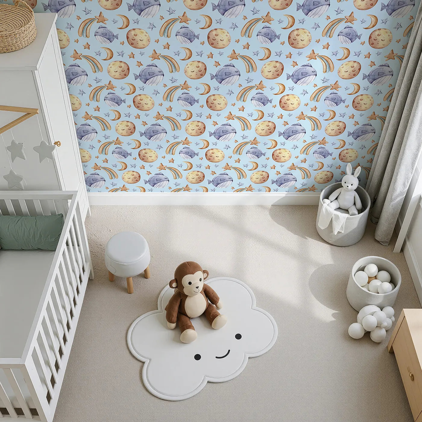 Top-Down view of Whimsy Tots' Sleepy Celestial Whale Wallpaper in Blue (W3421E).Soft blue skies cradle sleepy moons and starlit whales.