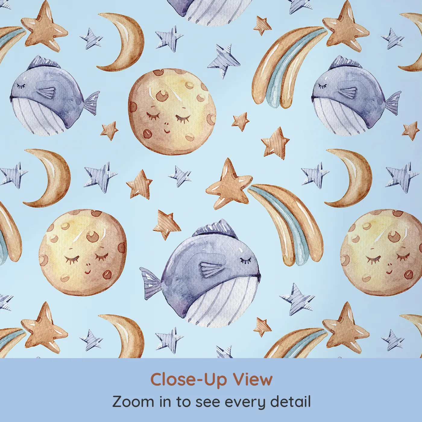 Close-up view of Whimsy Tots' Sleepy Celestial Whale Wallpaper in Blue (W3421E).Soft blue skies cradle sleepy moons and starlit whales.