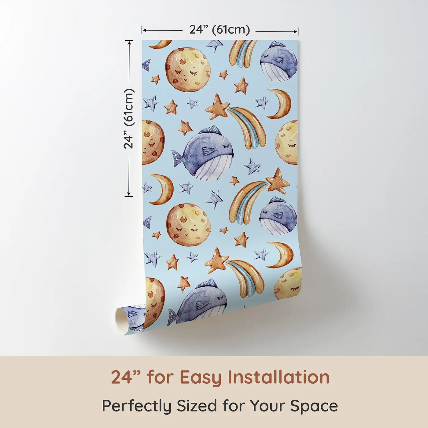 Dimension view of Whimsy Tots Sleepy Celestial Whale Wallpaper in Blue (W3421E). Printed in 24-inch-wide panel for easy installation. Soft blue skies cradle sleepy moons and starlit whales.
