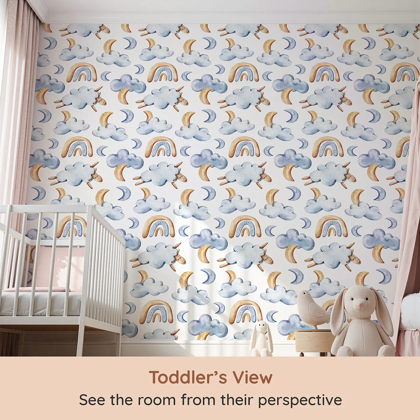 Whimsy Tots Sleepy Cloud Parade Wallpaper in White (W3422A) from your child's view.Gentle clouds, moons, and sleepy sheep float through a soft white sky.