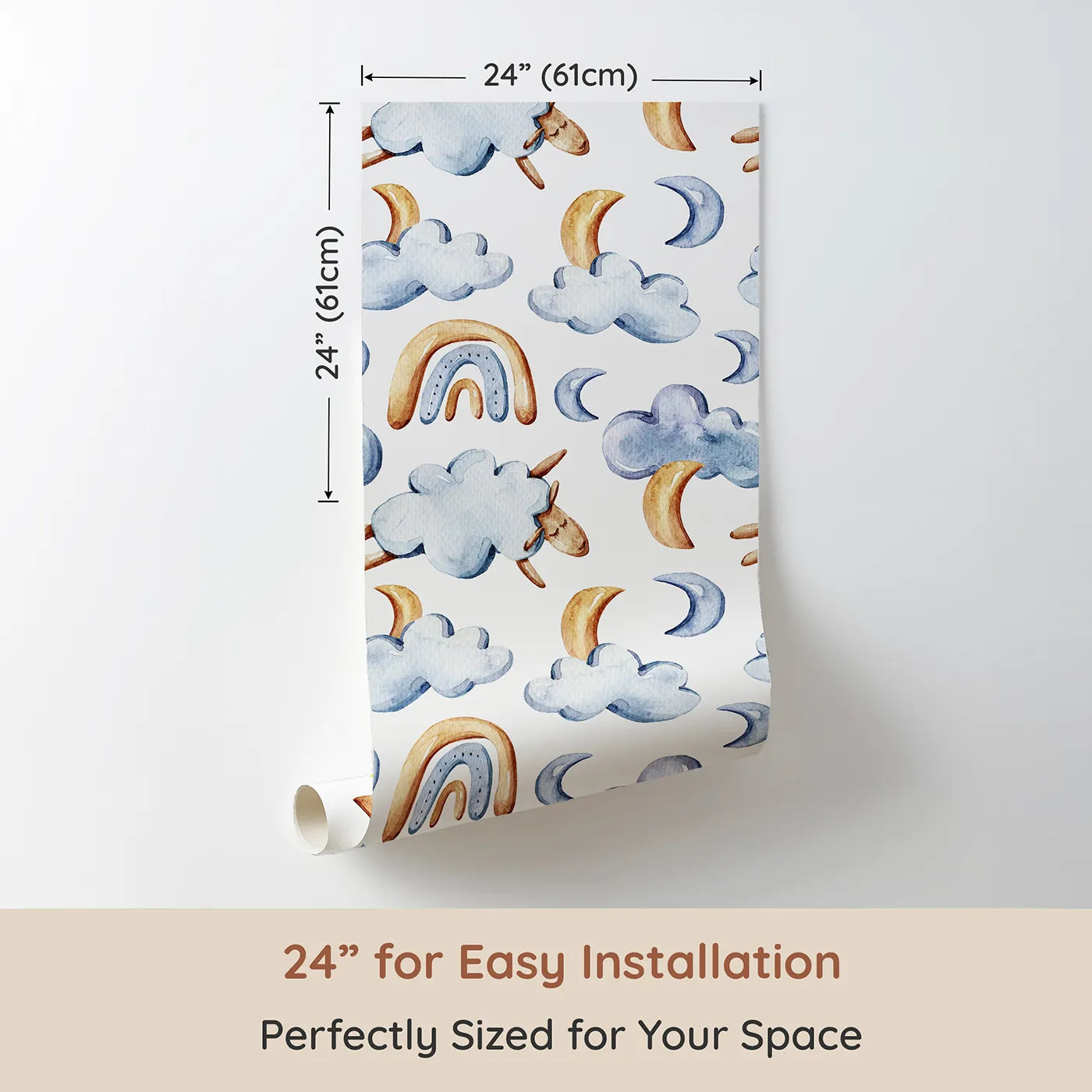 Dimension view of Whimsy Tots Sleepy Cloud Parade Wallpaper in White (W3422A). Printed in 24-inch-wide panel for easy installation. Gentle clouds, moons, and sleepy sheep float through a soft white sky.