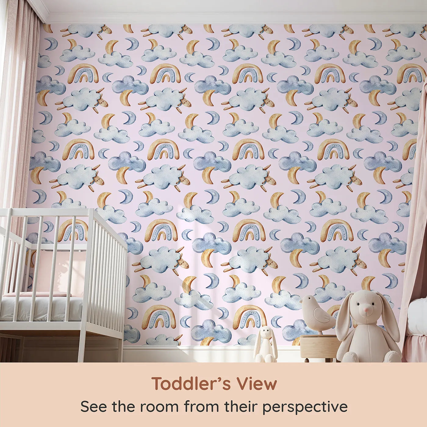 Whimsy Tots Sleepy Cloud Parade Wallpaper in Blush Pink (W3422B) from your child's view.Blushing skies cradle sleepy sheep, clouds, and moons.