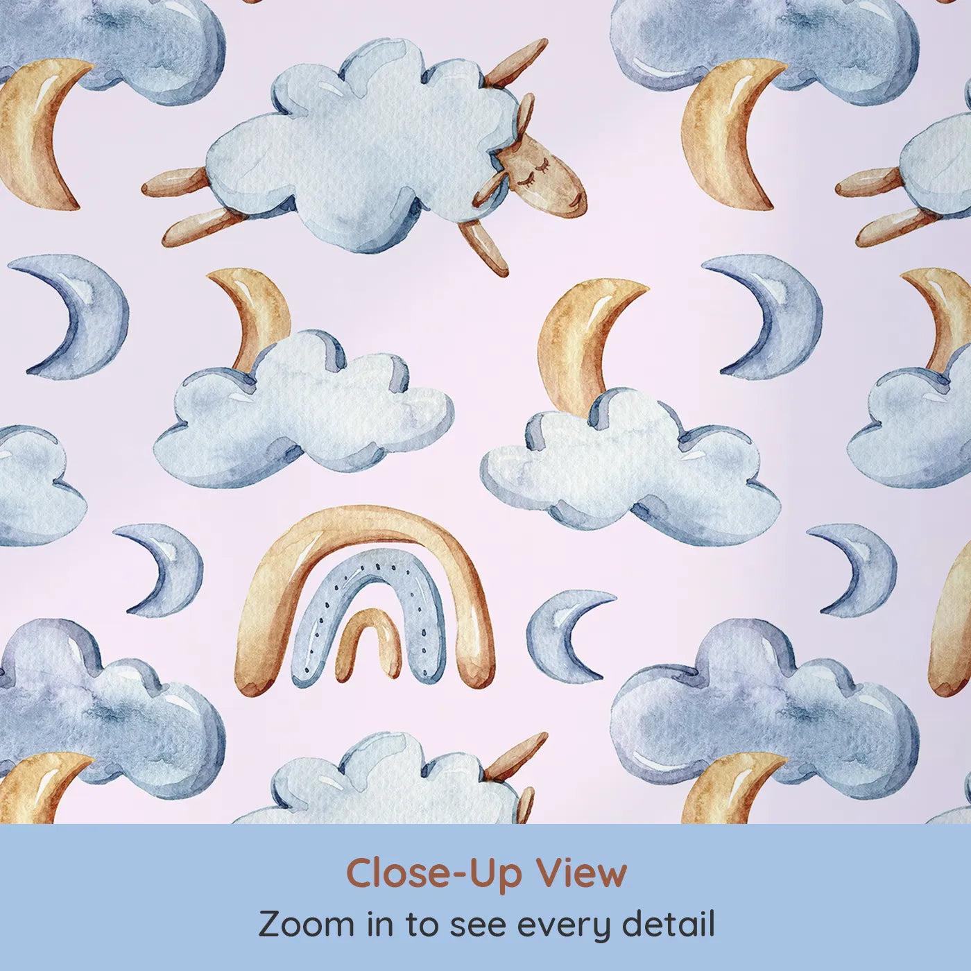 Close-up view of Whimsy Tots' Sleepy Cloud Parade Wallpaper in Blush Pink (W3422B).Blushing skies cradle sleepy sheep, clouds, and moons.
