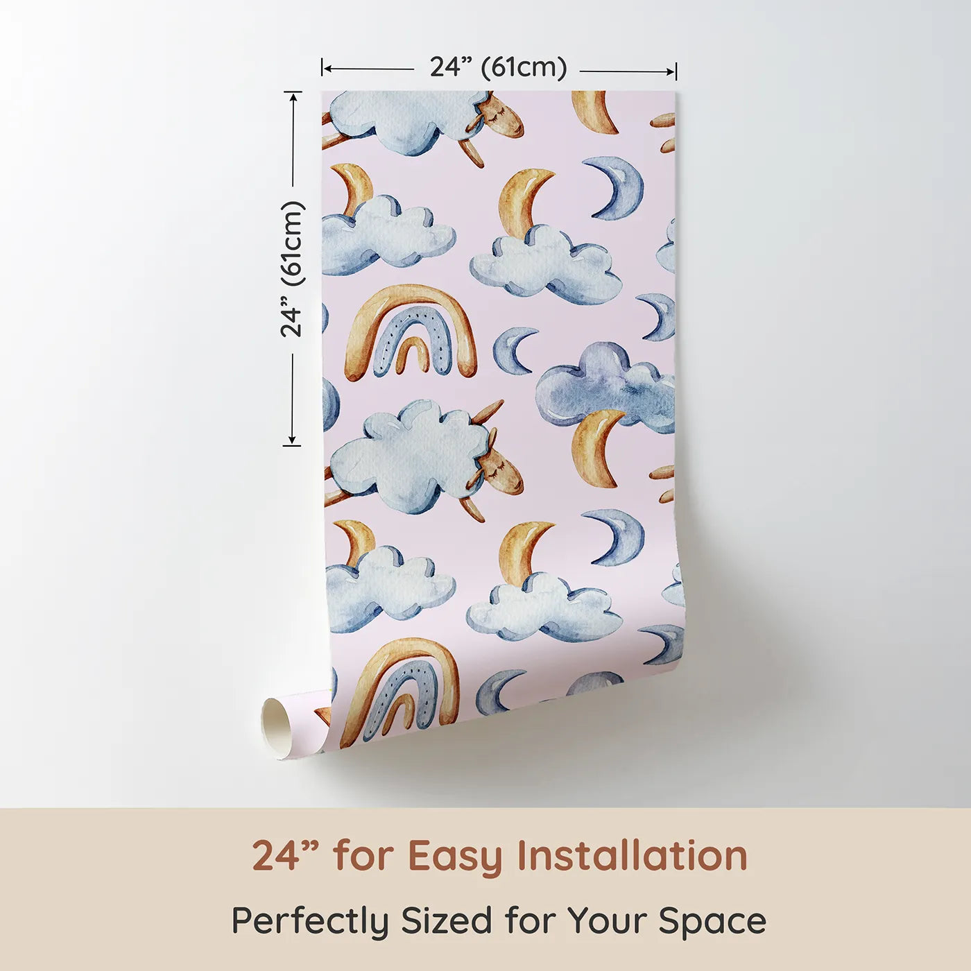 Dimension view of Whimsy Tots Sleepy Cloud Parade Wallpaper in Blush Pink (W3422B). Printed in 24-inch-wide panel for easy installation. Blushing skies cradle sleepy sheep, clouds, and moons.