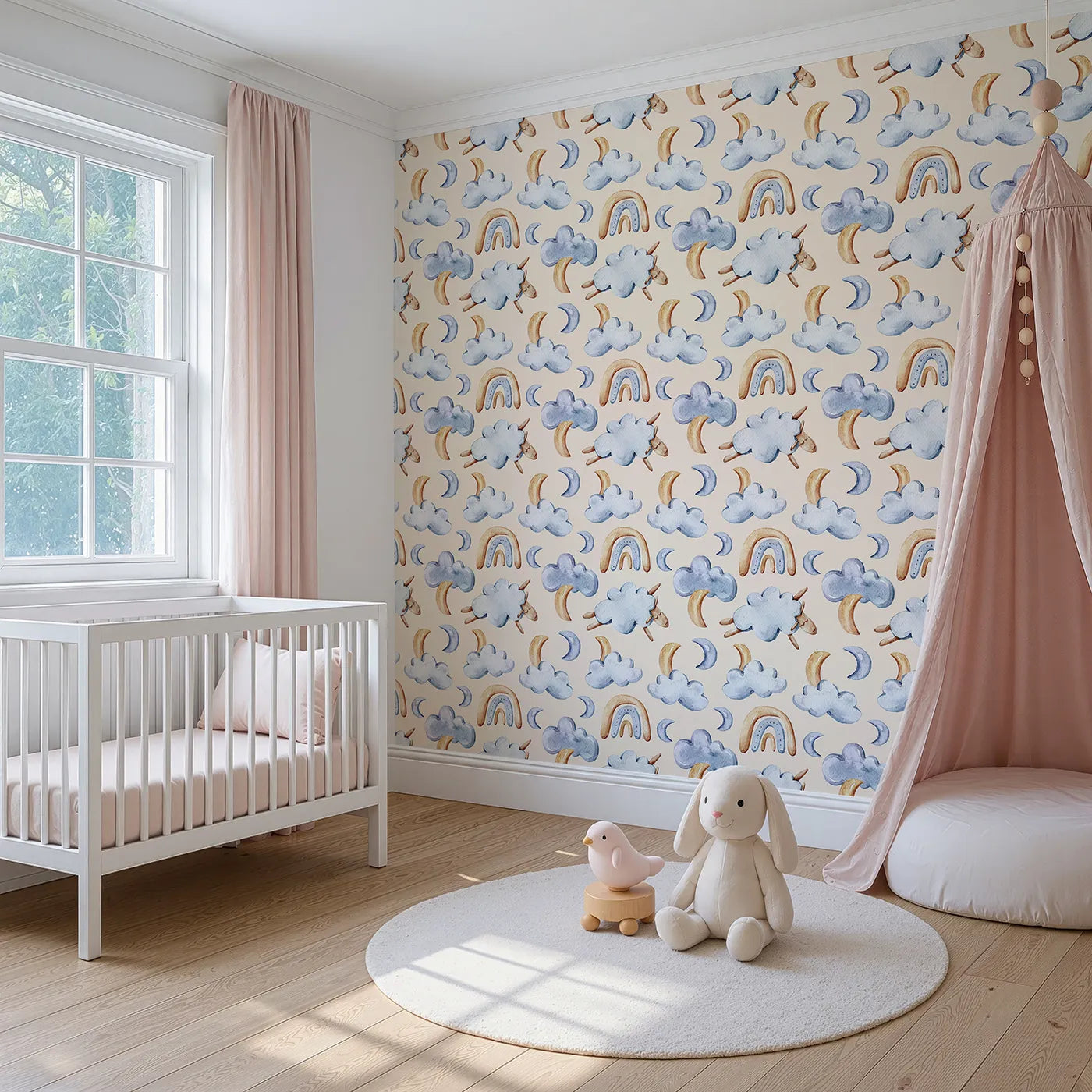 Angled view of Whimsy Tots' Sleepy Cloud Parade Wallpaper in Sand (W3422C).Warm beige skies welcome fluffy clouds and sleepy sheep.