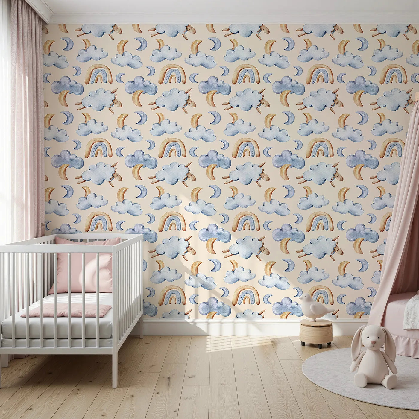 Front view of Whimsy Tots' Sleepy Cloud Parade Wallpaper in Sand